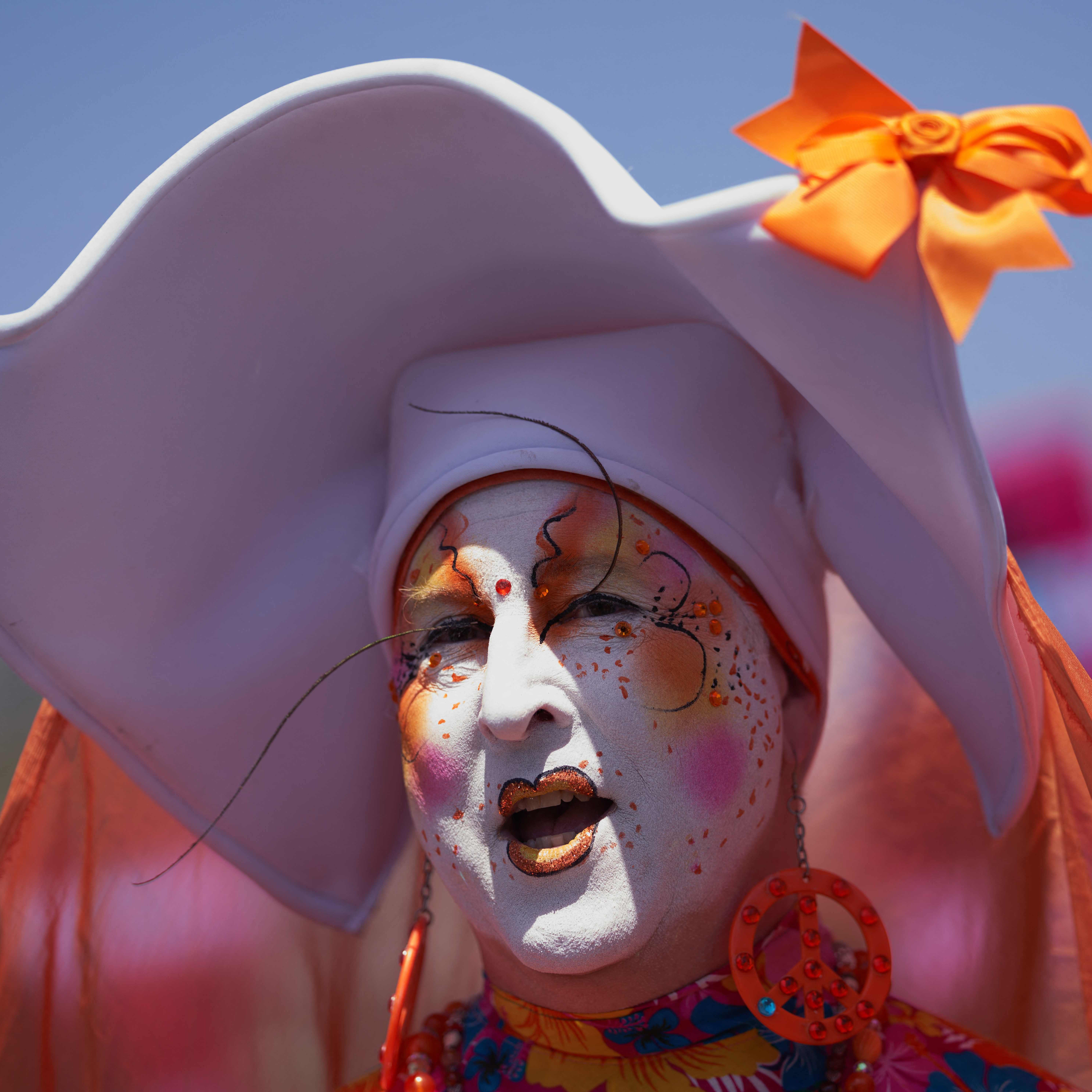 A member of The Sisters of Perpetual Indulgence marches with LGBTQ+ activists during the Los Angeles LGBT Center's "Drag March LA," in West Hollywood on April 9, 2023.