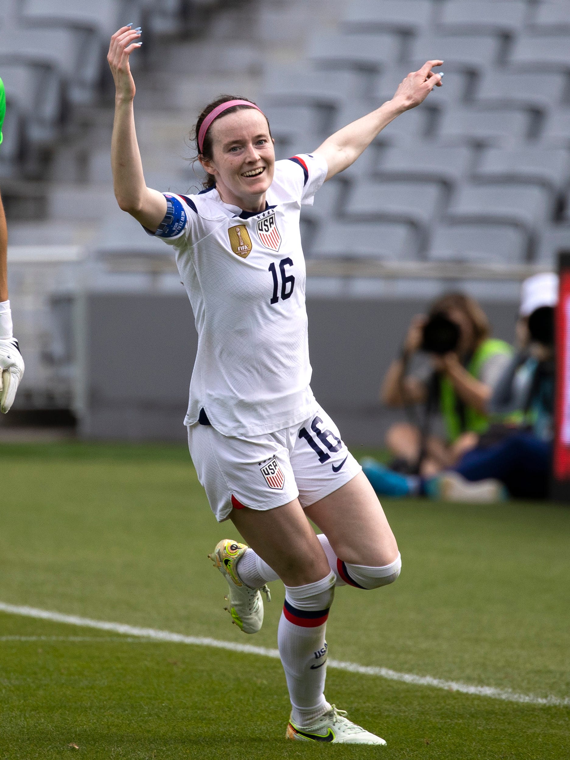 An action image of Rose Lavelle playing soccer.
