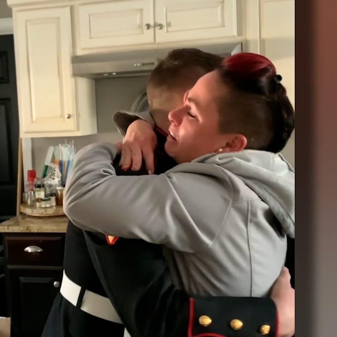Marine gifts hat before surprising mom