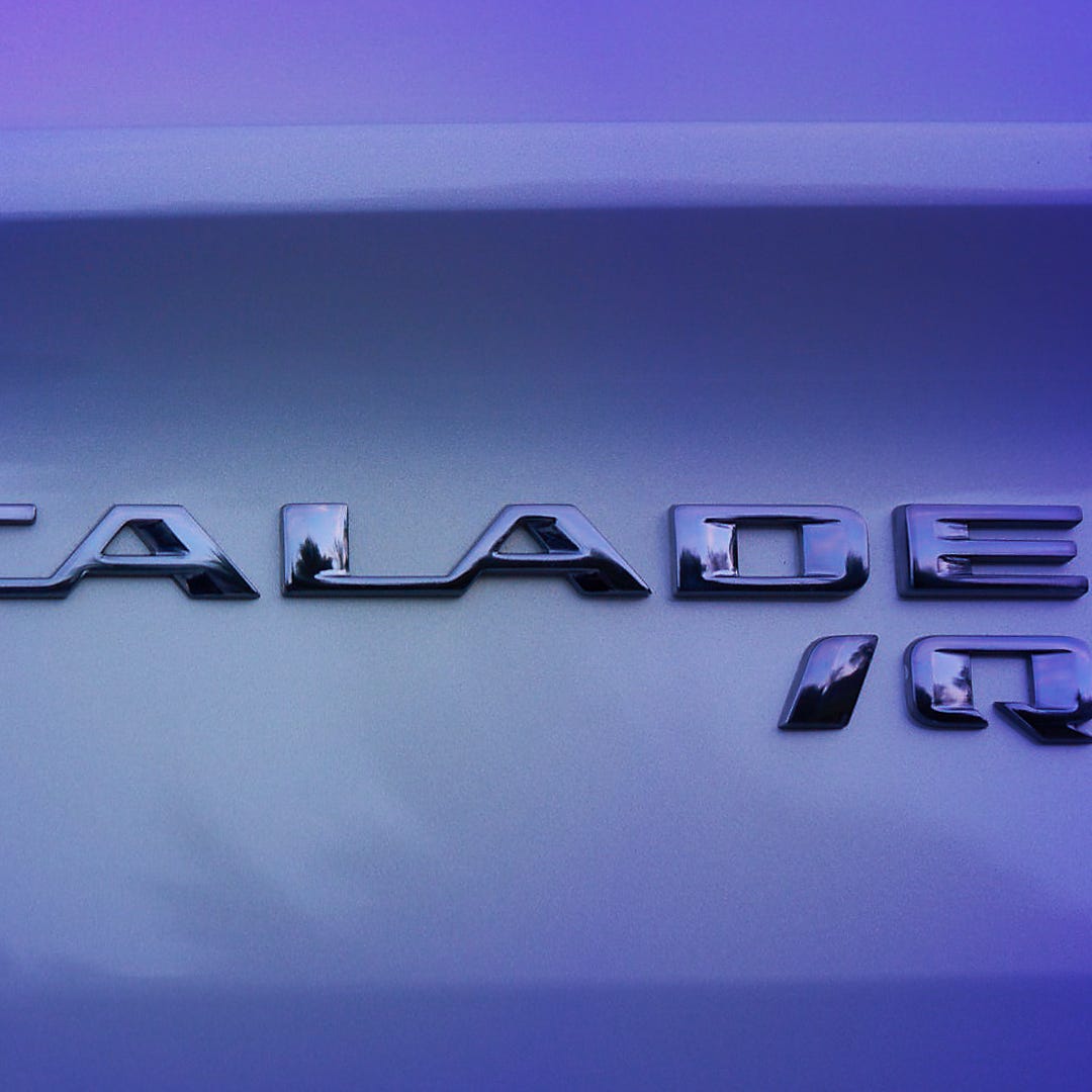 The nameplate for the upcoming Cadillac Escalade IQ all-electric full-size SUV.