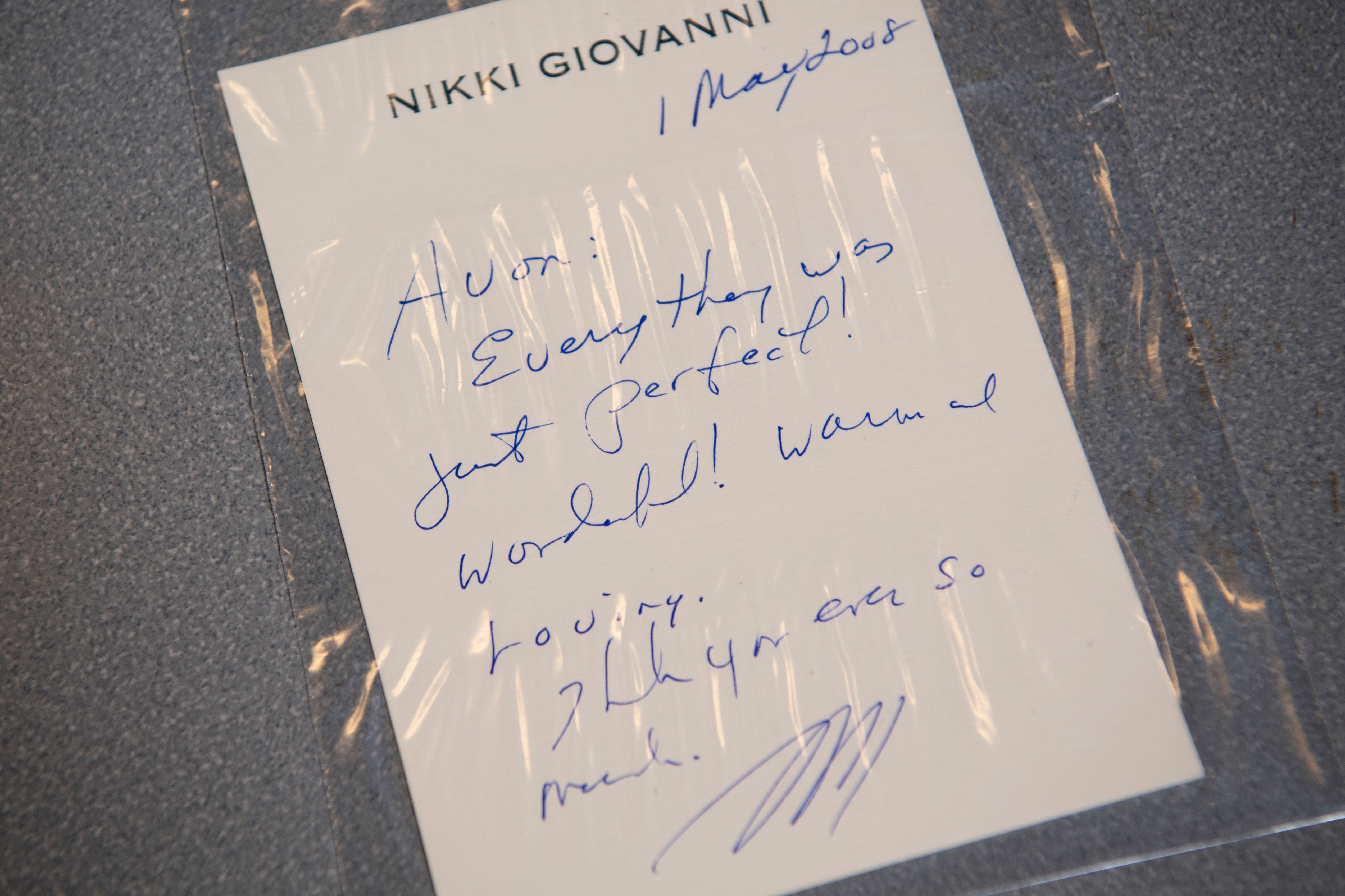 A personal note Nikki Giovanni wrote in May 2008 to the late Avon Rollins, a personal friend of Giovanni's and a former executive director of the Beck Cultural Exchange Center. Giovanni has donated a large humber of her personal items to the Center. 