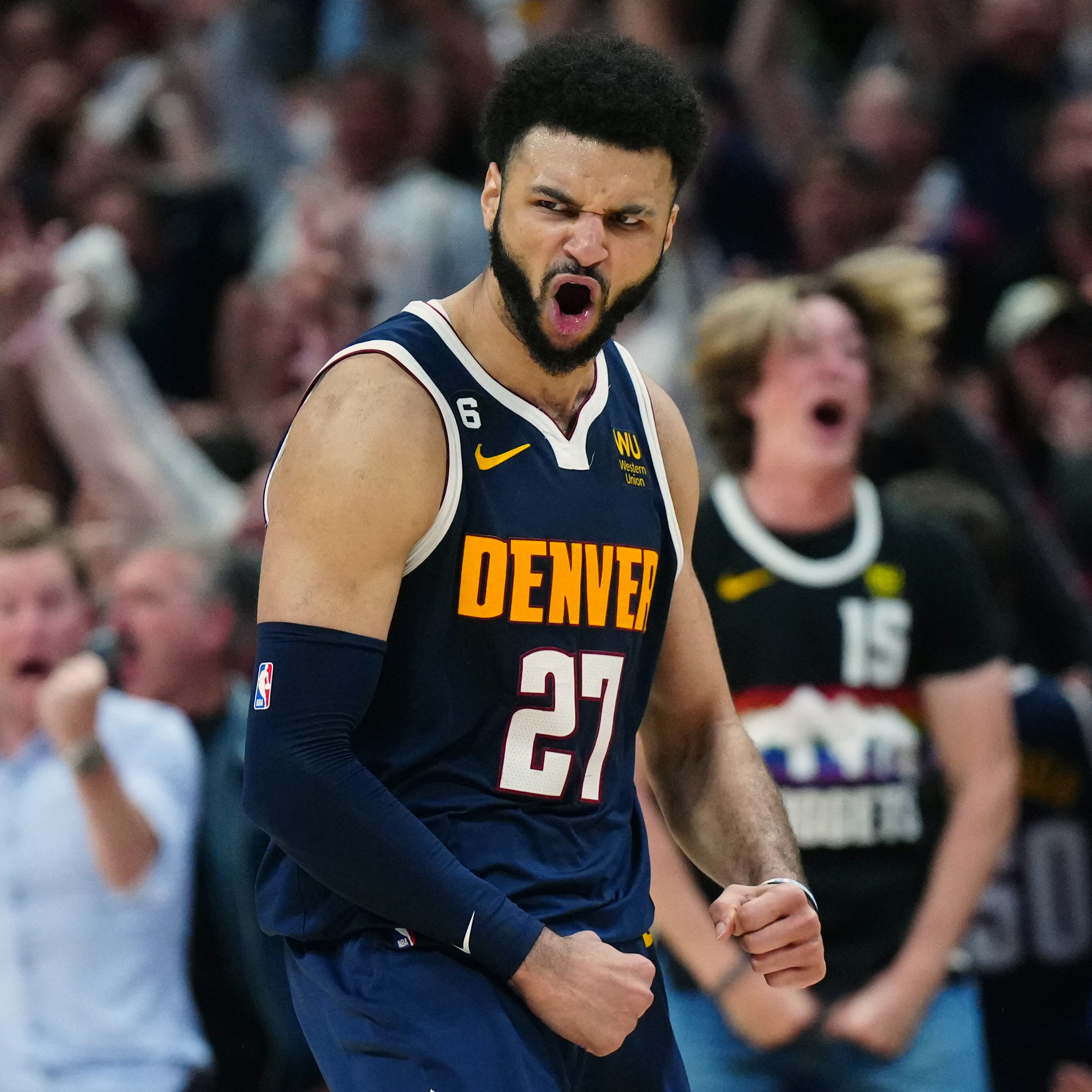Jamal Murray reacts after a play in the fourth quarter against the Lakers.