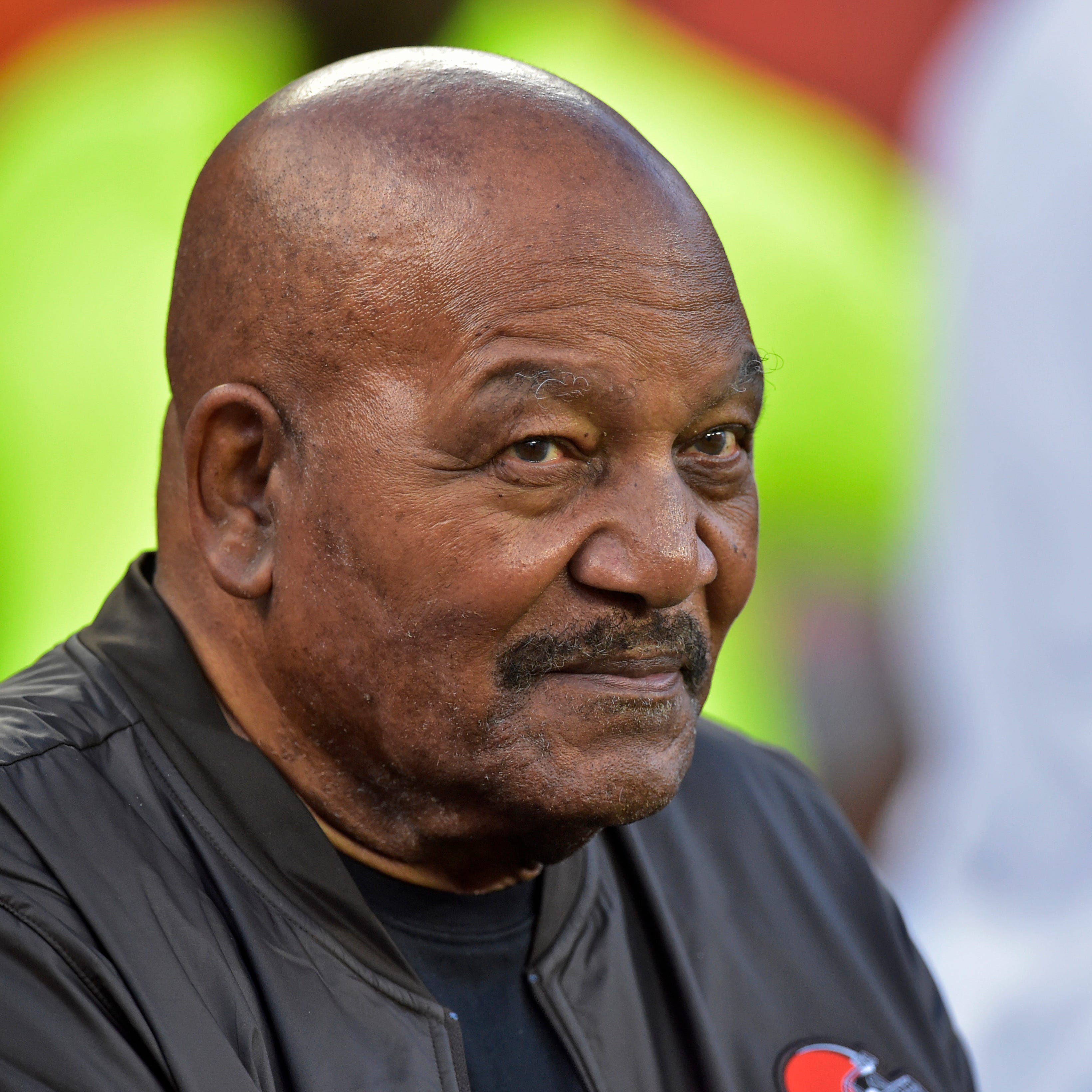 Jim Brown is shown before a 2019 game between the Los Angeles Rams and Cleveland Browns.