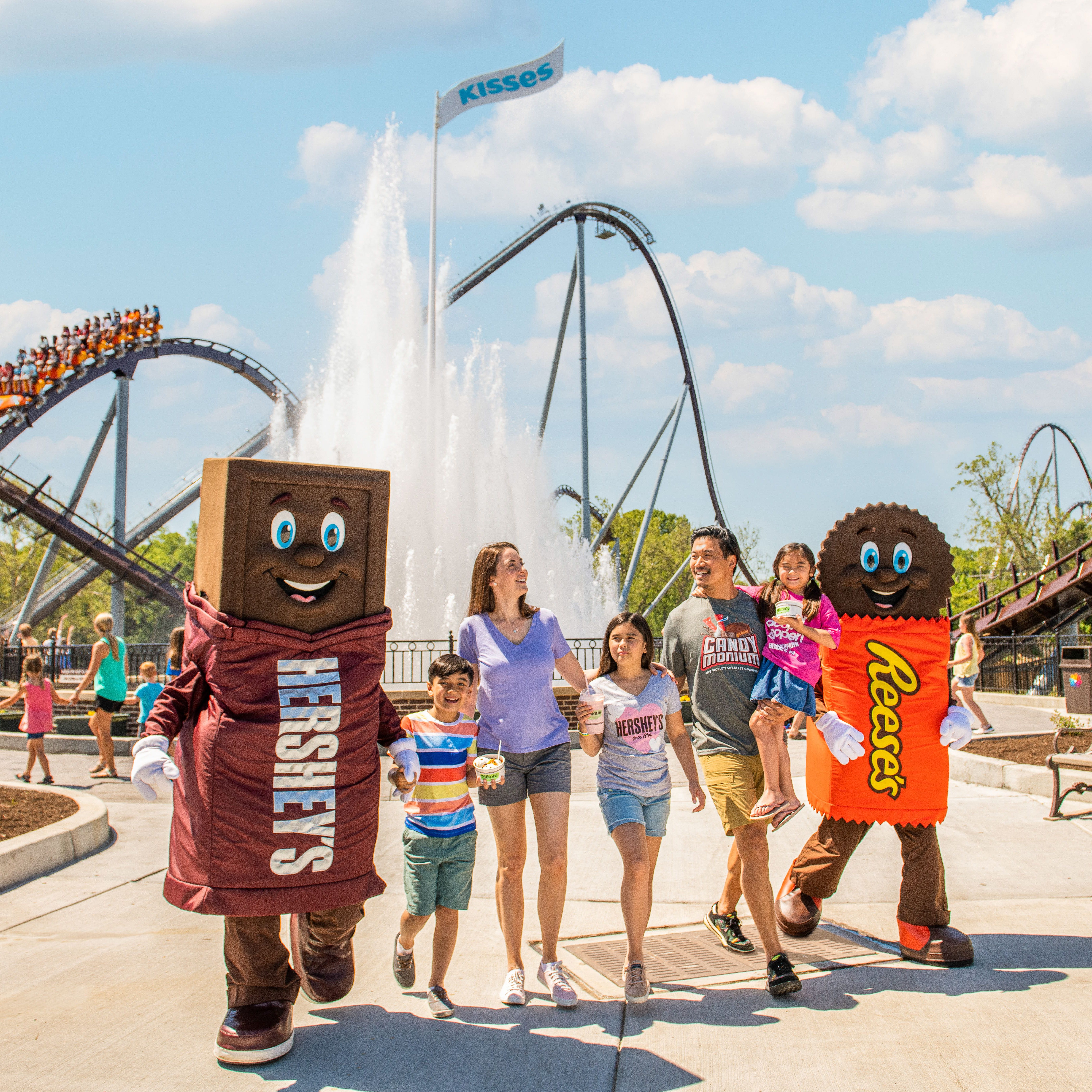 Guests can meet larger-than-life Hershey's candy characters at both Hersheypark and Hershey's Chocolate World.
