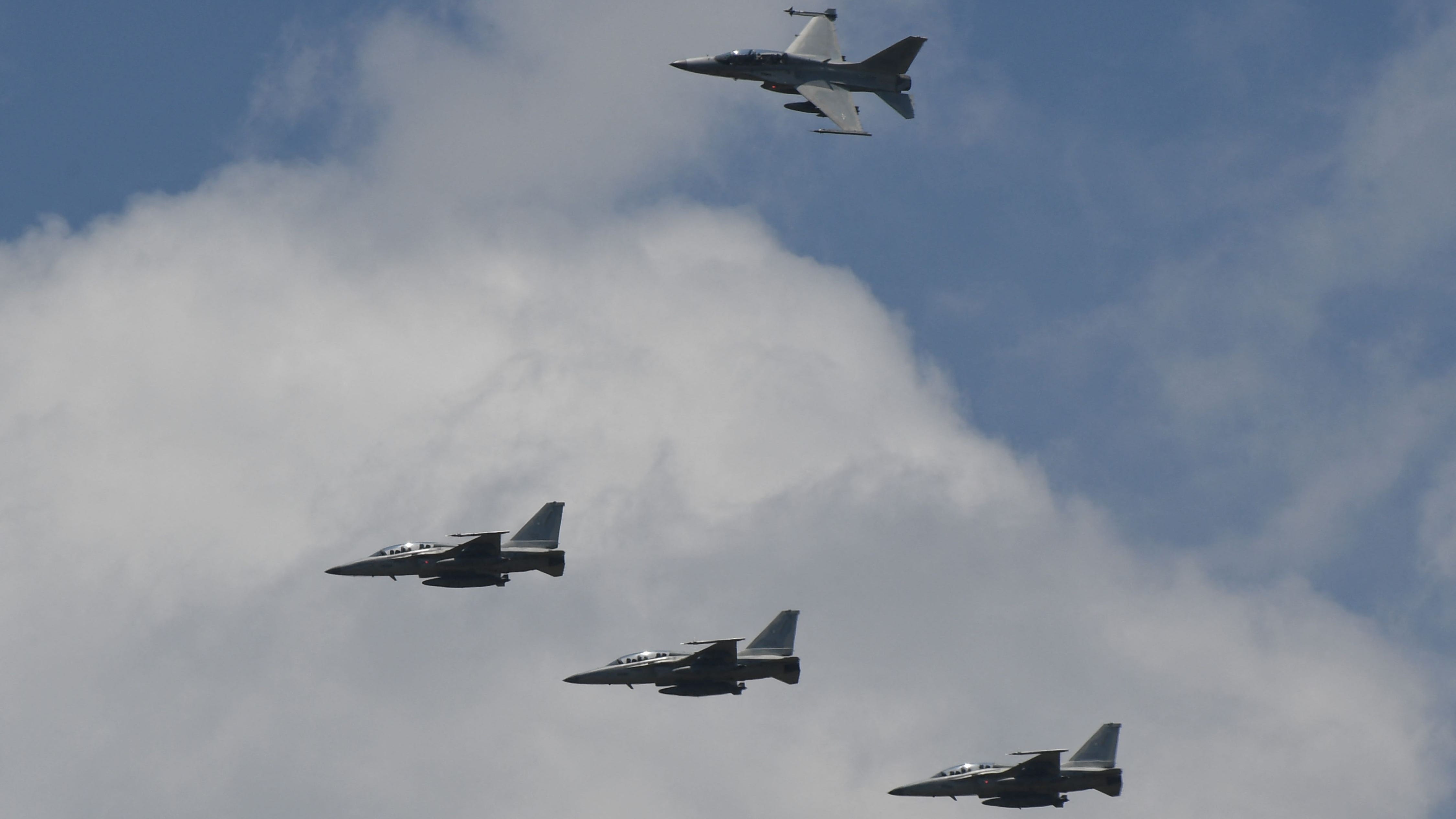 U.S F-16 fighter jets fly in formation during joint U.S.-Philippines air force military exercises near on May 9, 2023.