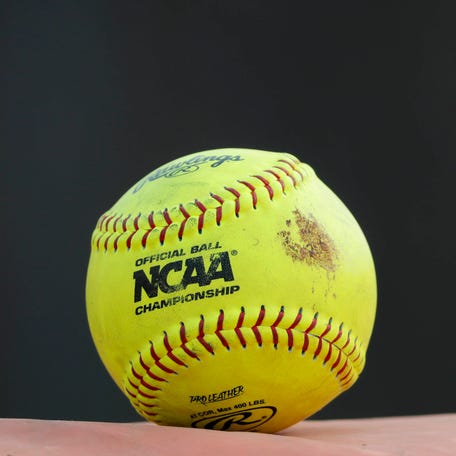 A softball is pictured during a game between the Oklahoma State Cowgirls (OSU) and the UMBC Retrievers in the Stillwater Regional of the NCAA softball tournament in Stillwater, Okla., Friday, May 19, 2023.