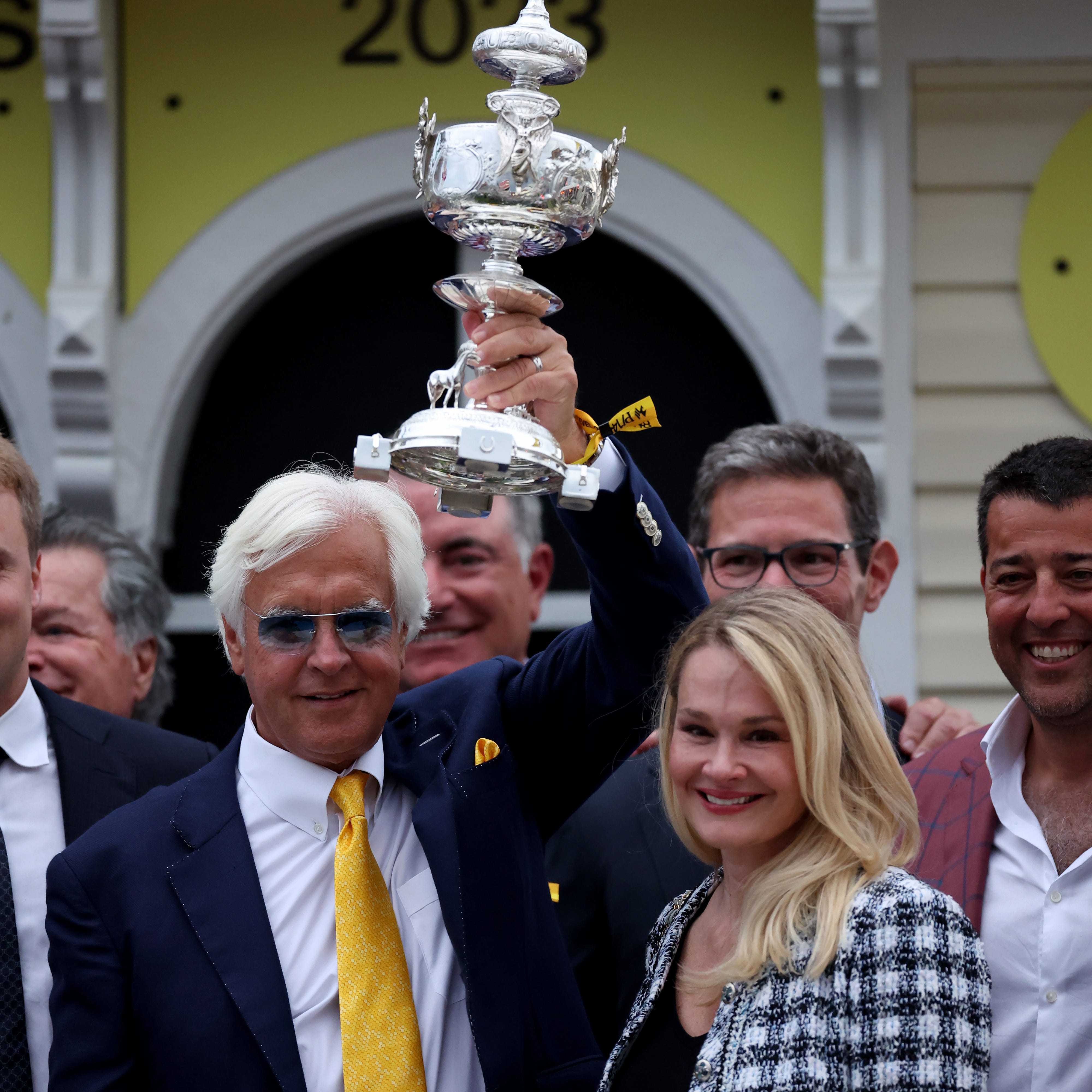 BALTIMORE, MARYLAND - MAY 20: Trainer Bob Baffert celebrates in the winners circle after his horse National Treasure won the 148th Running of the Preakness Stakes at Pimlico Race Course on May 20, 2023 in Baltimore, Maryland. (Photo by Rob Carr/Getty Images) ORG XMIT: 775929748 ORIG FILE ID: 1491818774