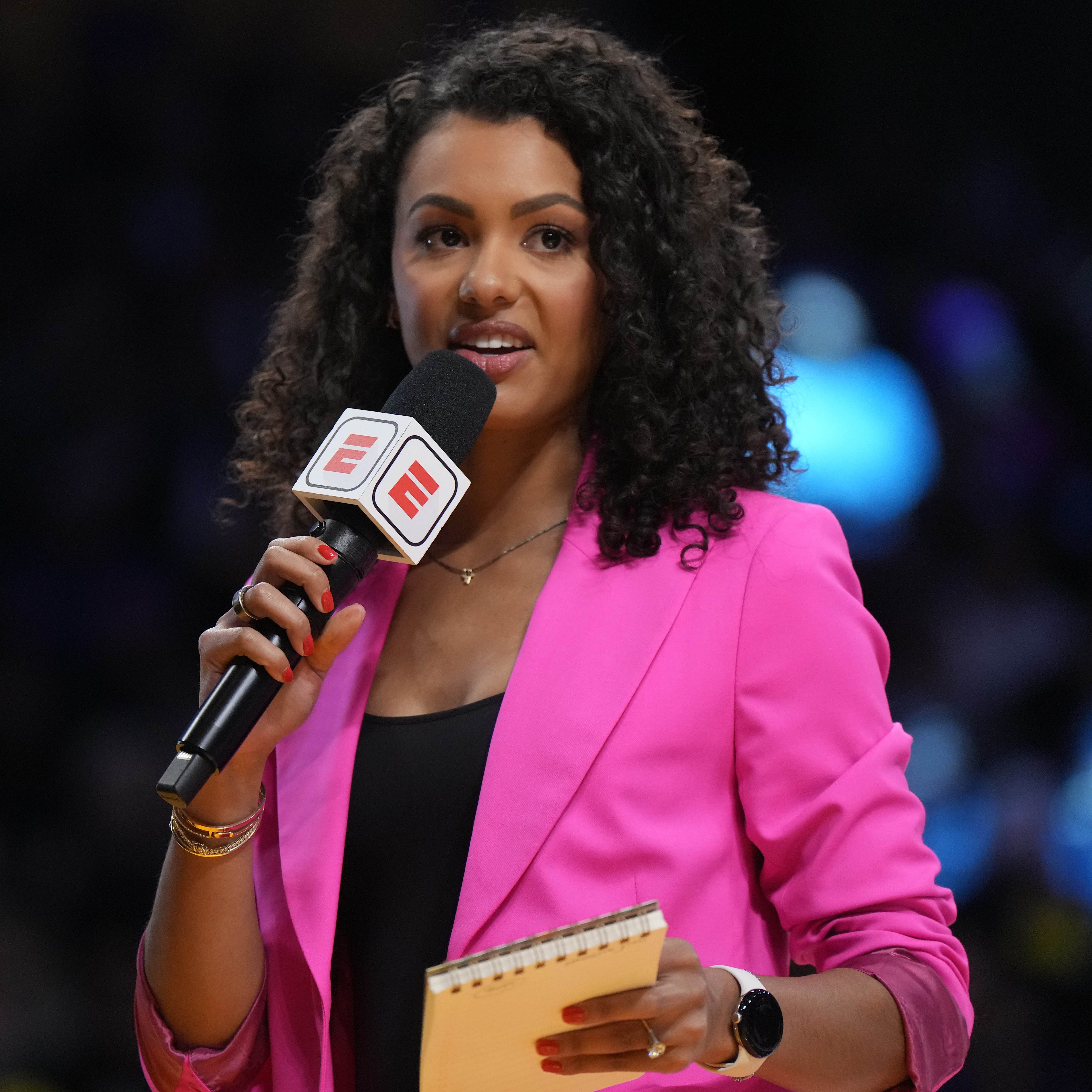 ESPN sideline reporter Malika Andrews during a regular season game between the Los Angeles Lakers and the New York Knicks at Crypto.com Arena.