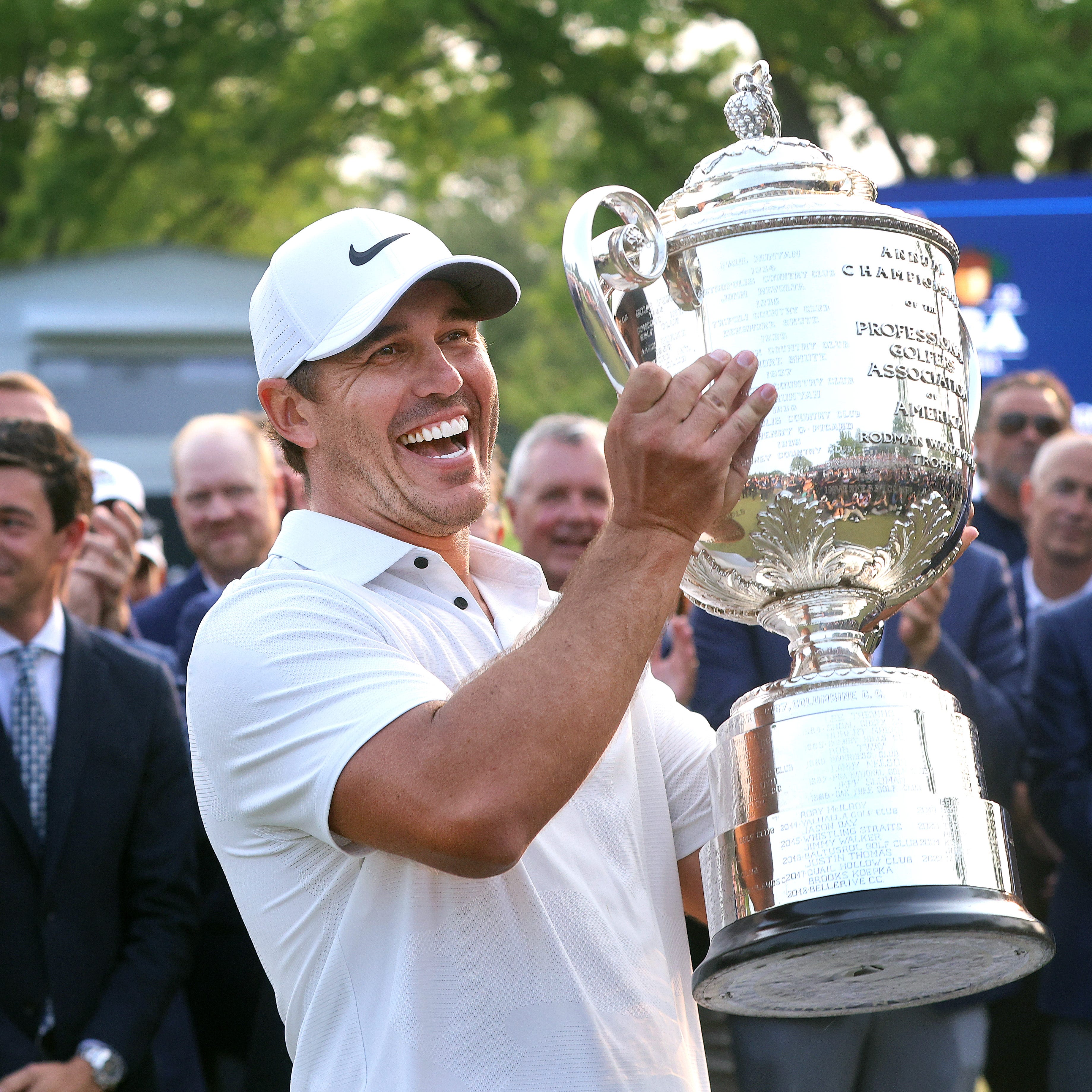 Brooks Koepka is awarded the Wanamaker trophy after winning the PGA at Oak Hill Country Club with a 9-under final score. 