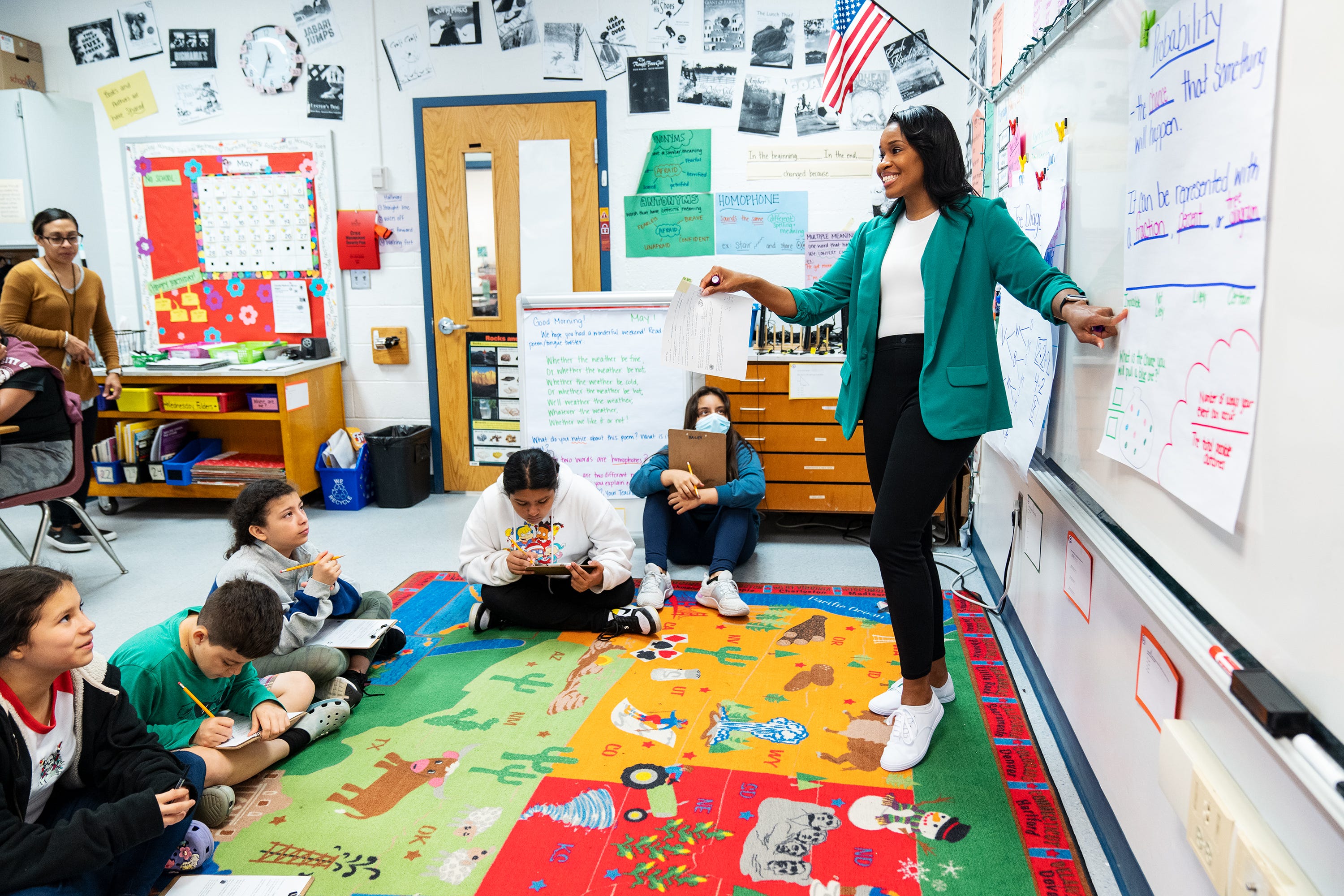 Jessica Nelson, math coach at Sleepy Hollow Elementary School, teaches a fifth-grade class for which the school could not hire a teacher all year.