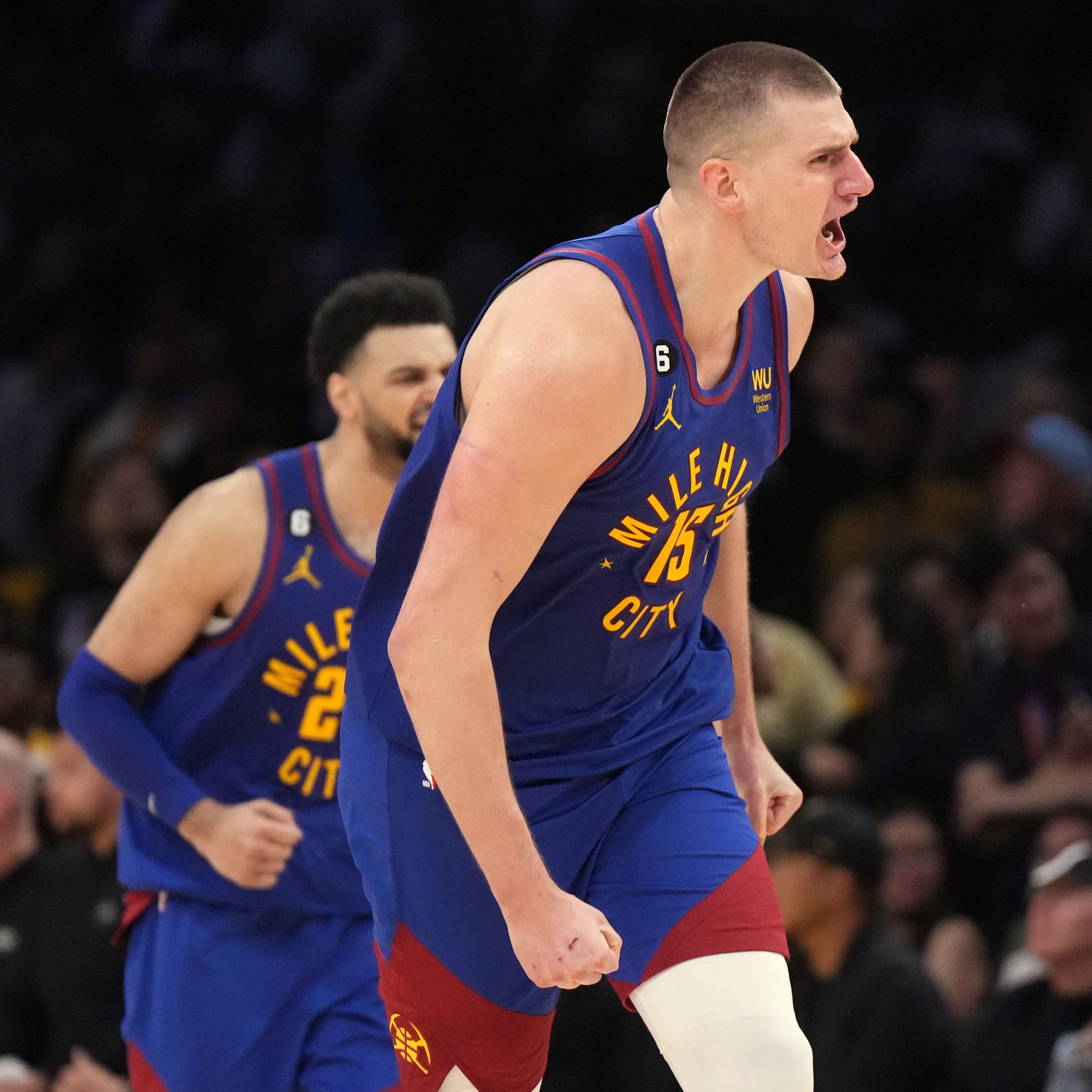Nikola Jokic reacts in the fourth quarter of the Nuggets' Game 3 win over the Lakers.