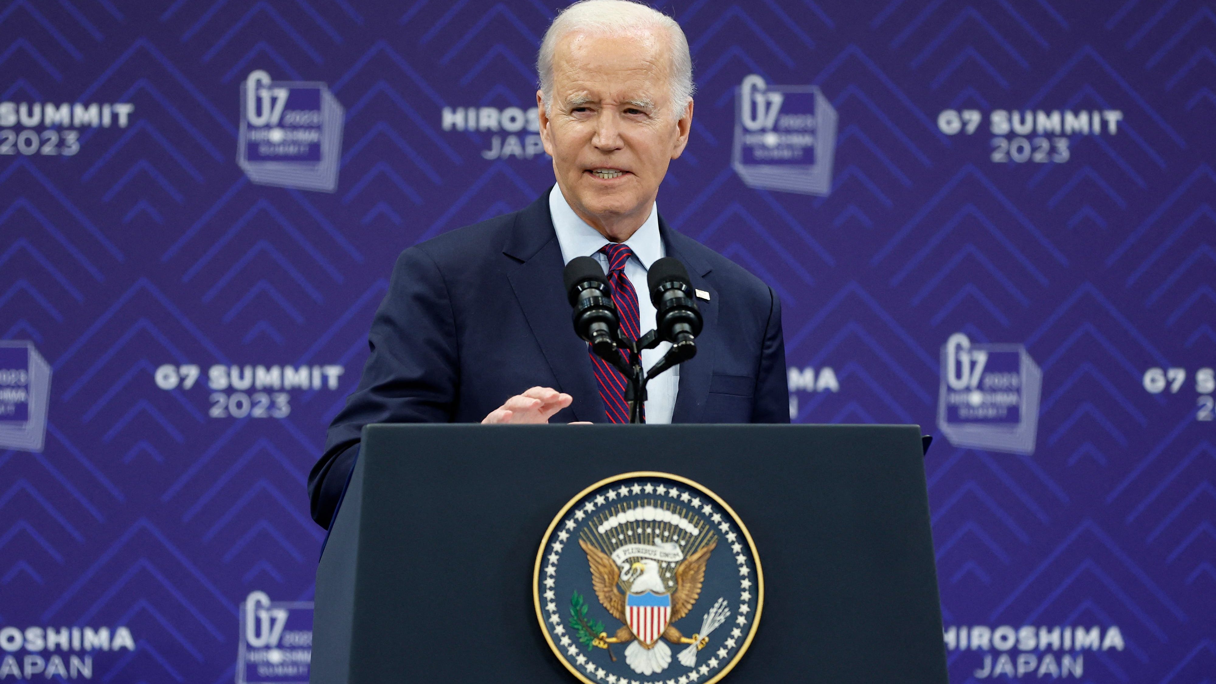 US President Joe Biden speaks during a press conference following the G7 Leaders' Summit in Hiroshima on May 21, 2023. (Photo by Kiyoshi Ota / POOL / AFP) (Photo by KIYOSHI OTA/POOL/AFP via Getty Images) ORIG FILE ID: AFP_33FQ8PX.jpg