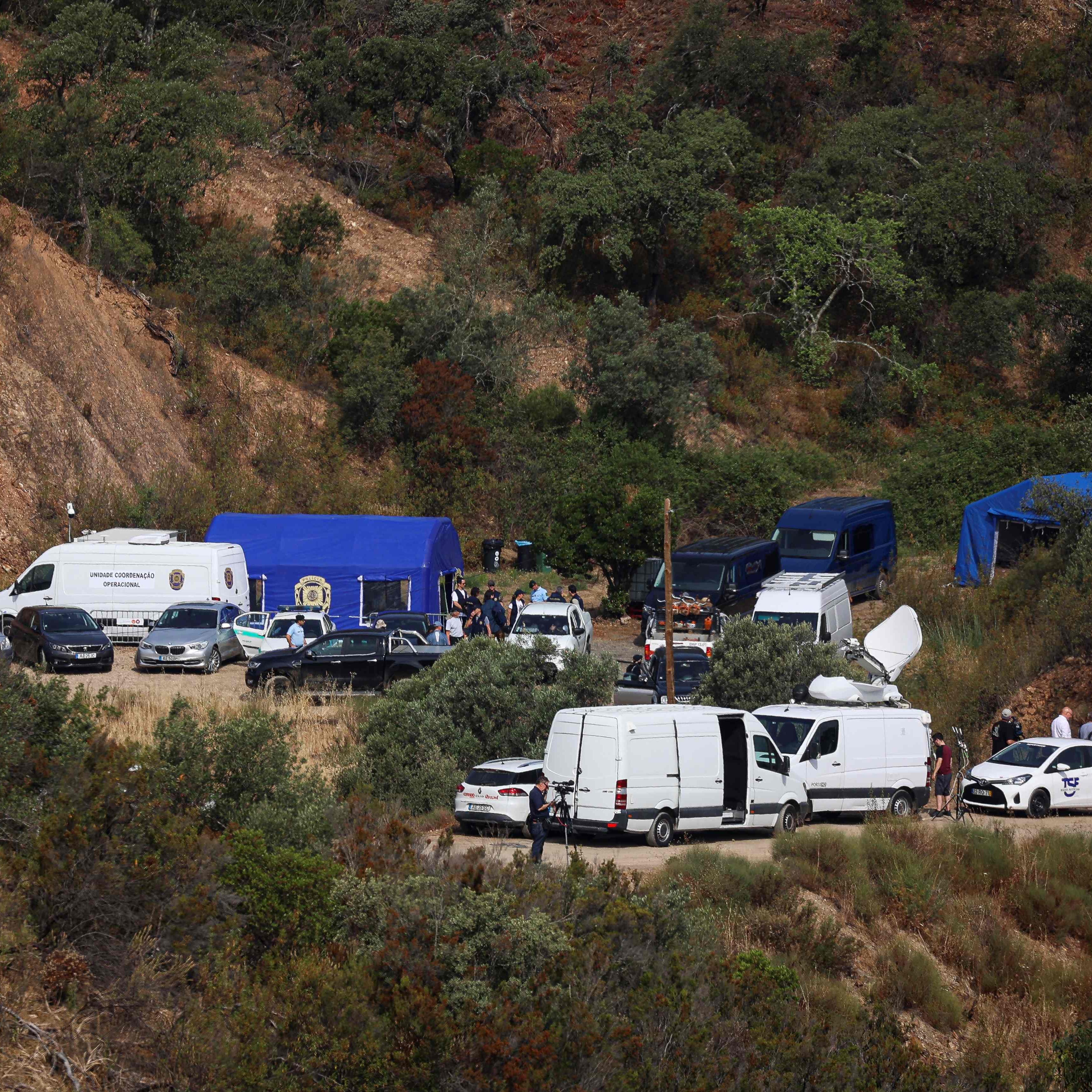 Portuguese authorities from the Judicial Police (PJ) criminal investigation unit work during a new search operation amid the investigation into the disappearance of Madeleine McCann (Maddie) at the Arade dam, in Silves, near Praia da Luz, on 23 May, 2023. This operation stems from a European Investigation Order addressed by the German authorities to Portugal and focuses on the Arade dam, located about 50 kilometers from Praia da Luz, the place where the child disappeared in May 2007, 16 years ago, while on vacation with   her parents.