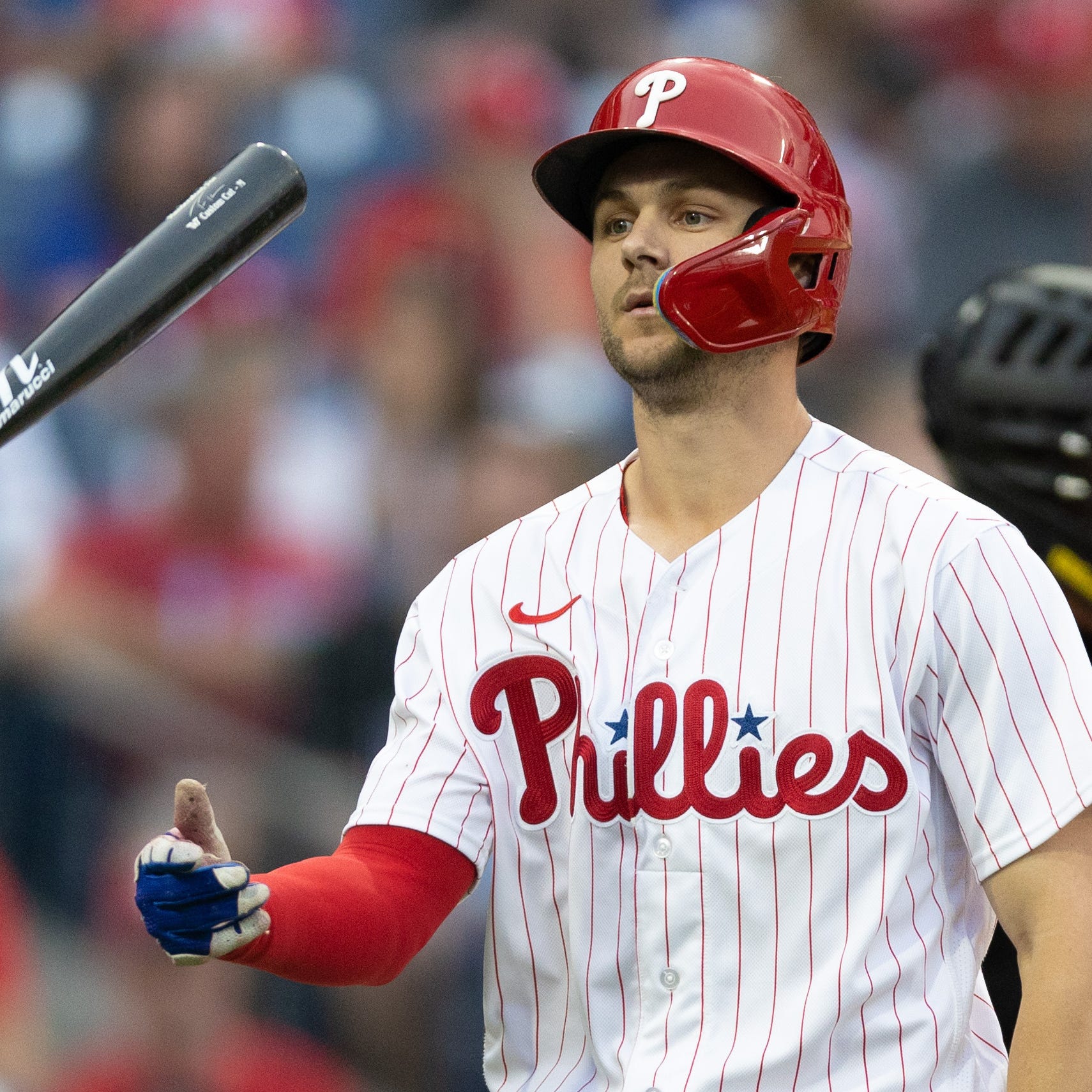 Trea Turner flips his bat after striking out in the first inning in Monday's game against the Diamondbacks. In the first year of an 11-year, $300 million contract, Turner is hitting .256/.303/390 with four home runs and six stolen bases in 46 games.