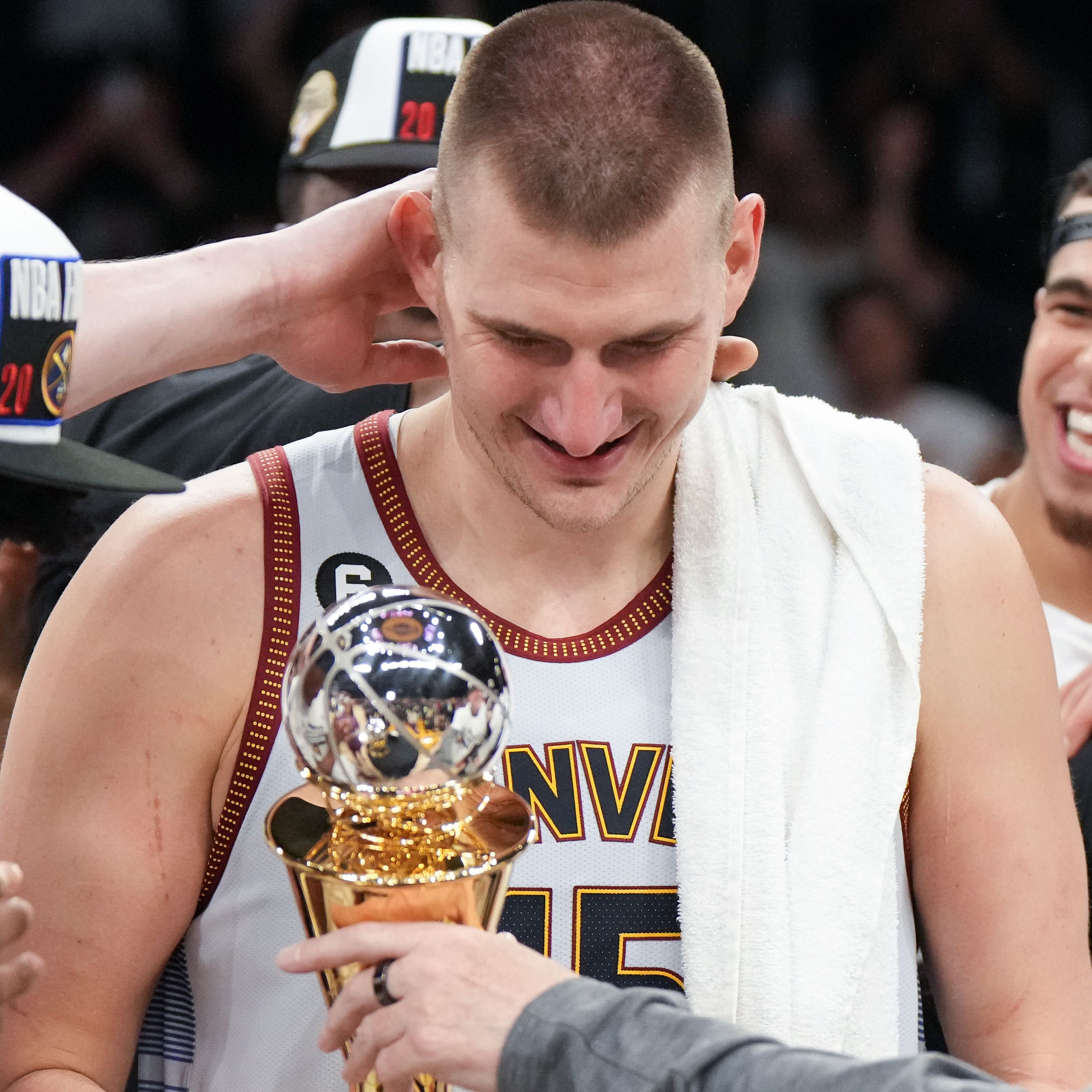 Nuggets center Nikola Jokic celebrates winning the Western Conference MVP Trophy and beating the Los Angeles Lakers.
