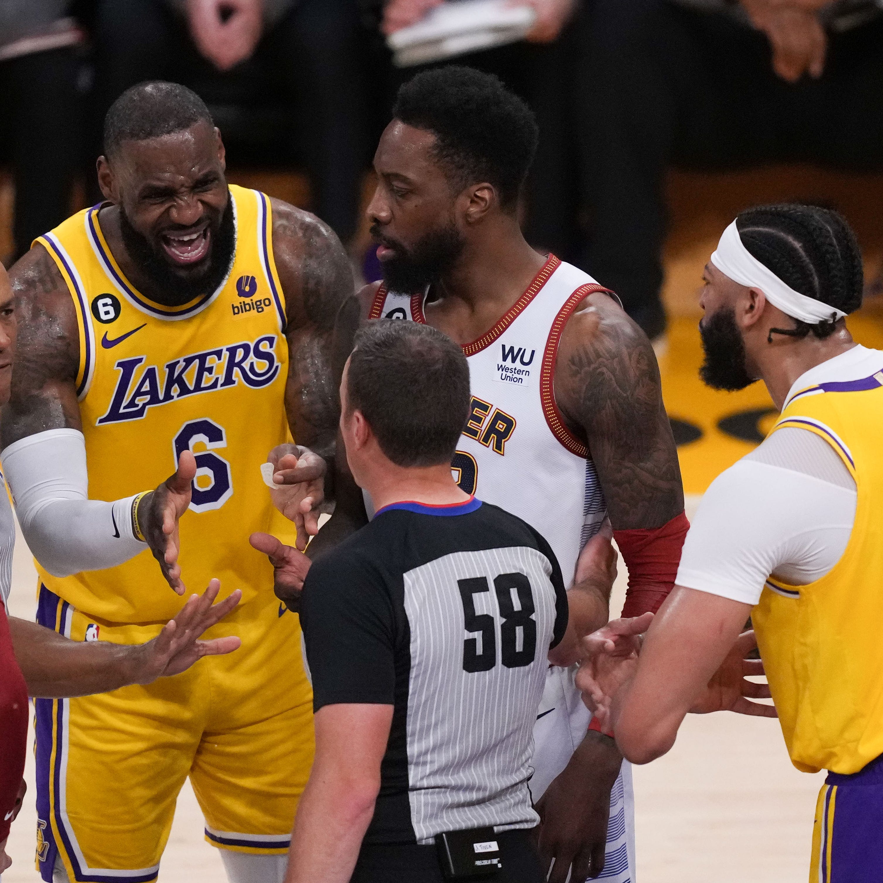 Los Angeles Lakers forward LeBron James (6) reacts to a call against the Denver Nuggets during Game 4 of the Western Conference Finals.