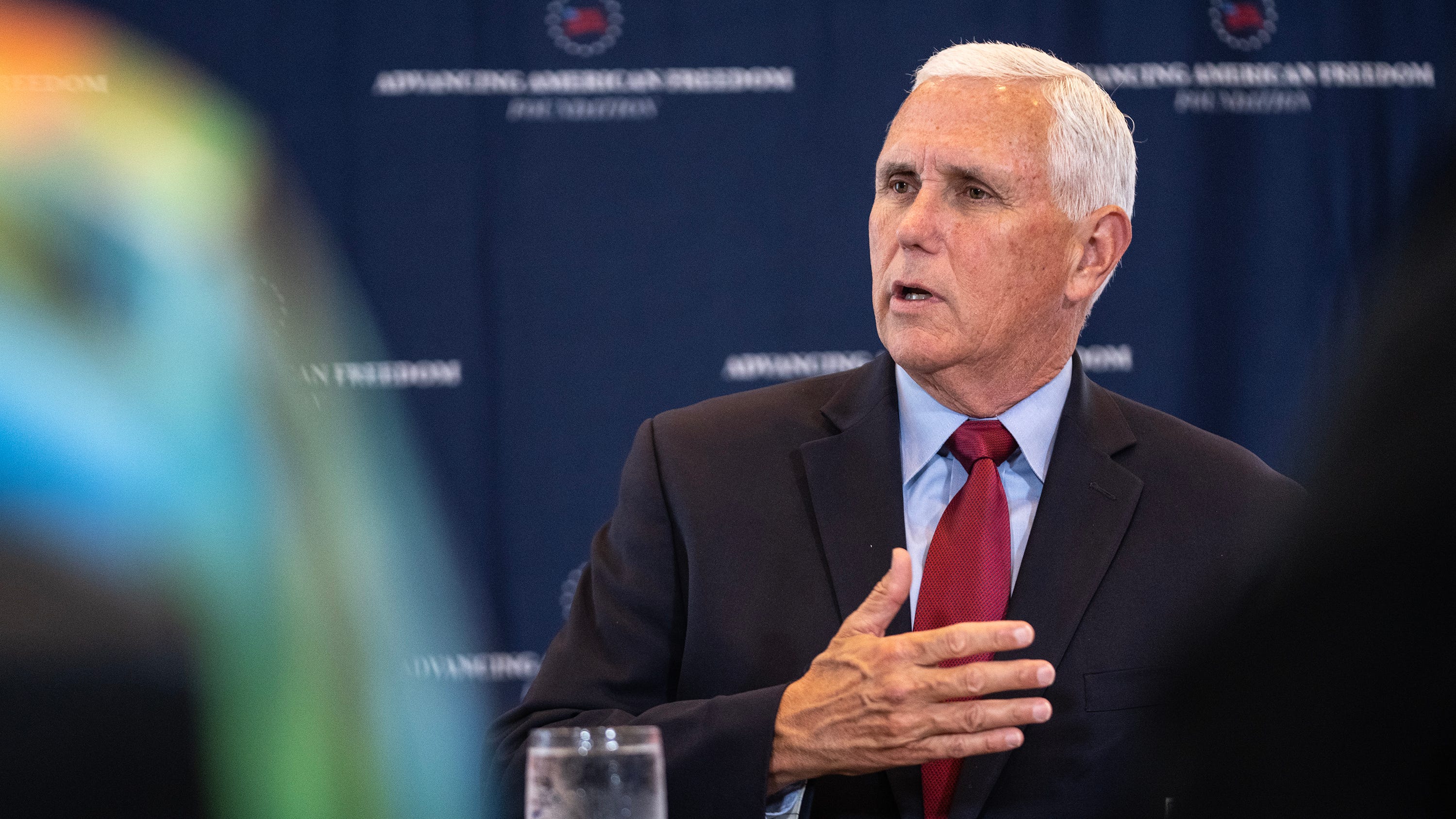 Former Vice President Mike Pence gives opening remarks before a roundtable discussion about parental choice, on Wednesday, May 24, 2023, in Des Moines. 