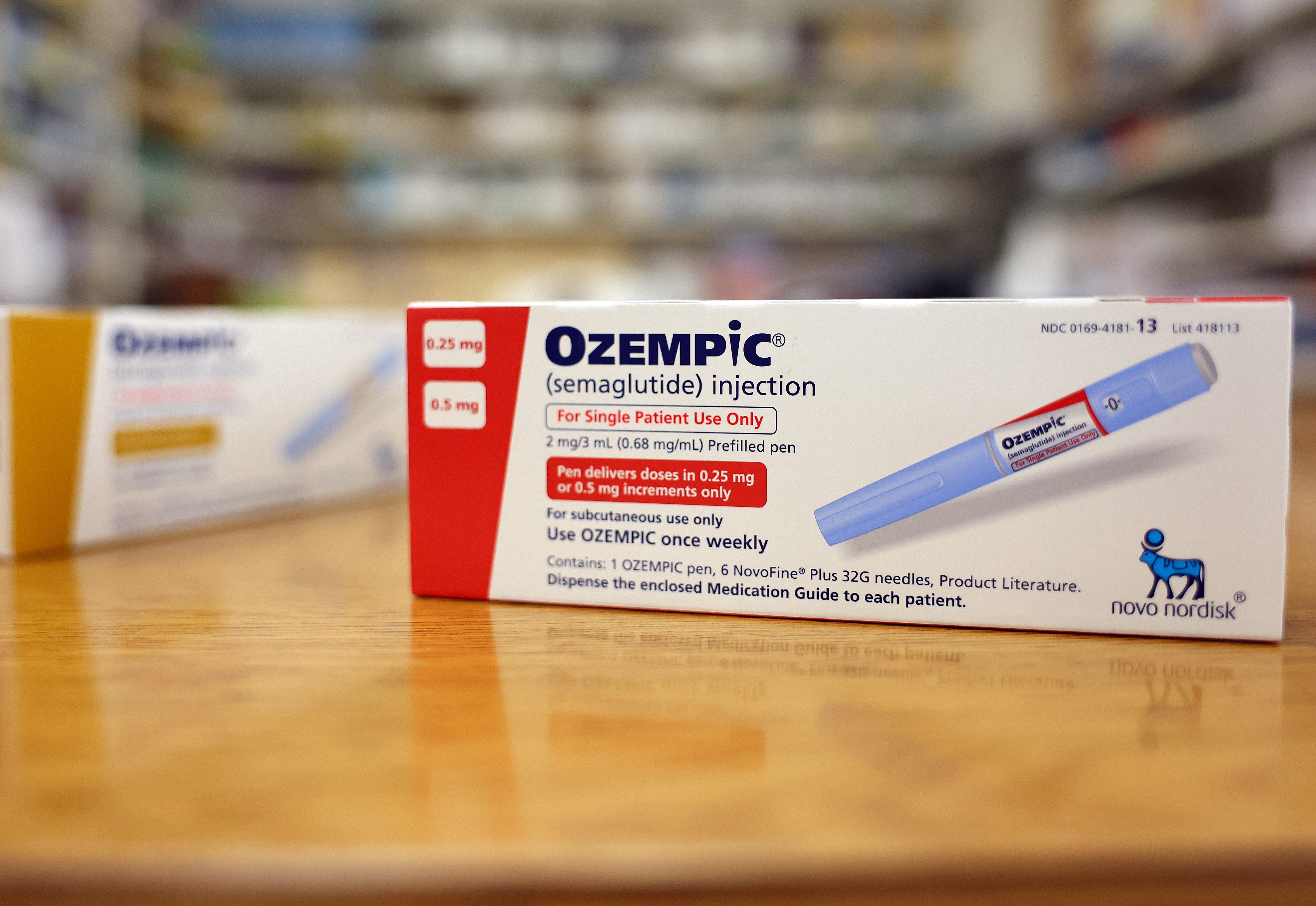 LOS ANGELES, CALIFORNIA - APRIL 17: In this photo illustration, boxes of the diabetes drug Ozempic rest on a pharmacy counter on April 17, 2023 in Los Angeles, California. Ozempic was originally approved by the FDA to treat people with Type 2 diabetes- who risk serious health consequences without medication. In recent months, there has been a spike in demand for Ozempic, or semaglutide, due to its weight loss benefits, which has led to shortages. Some doctors   prescribe Ozempic off-label to treat obesity.