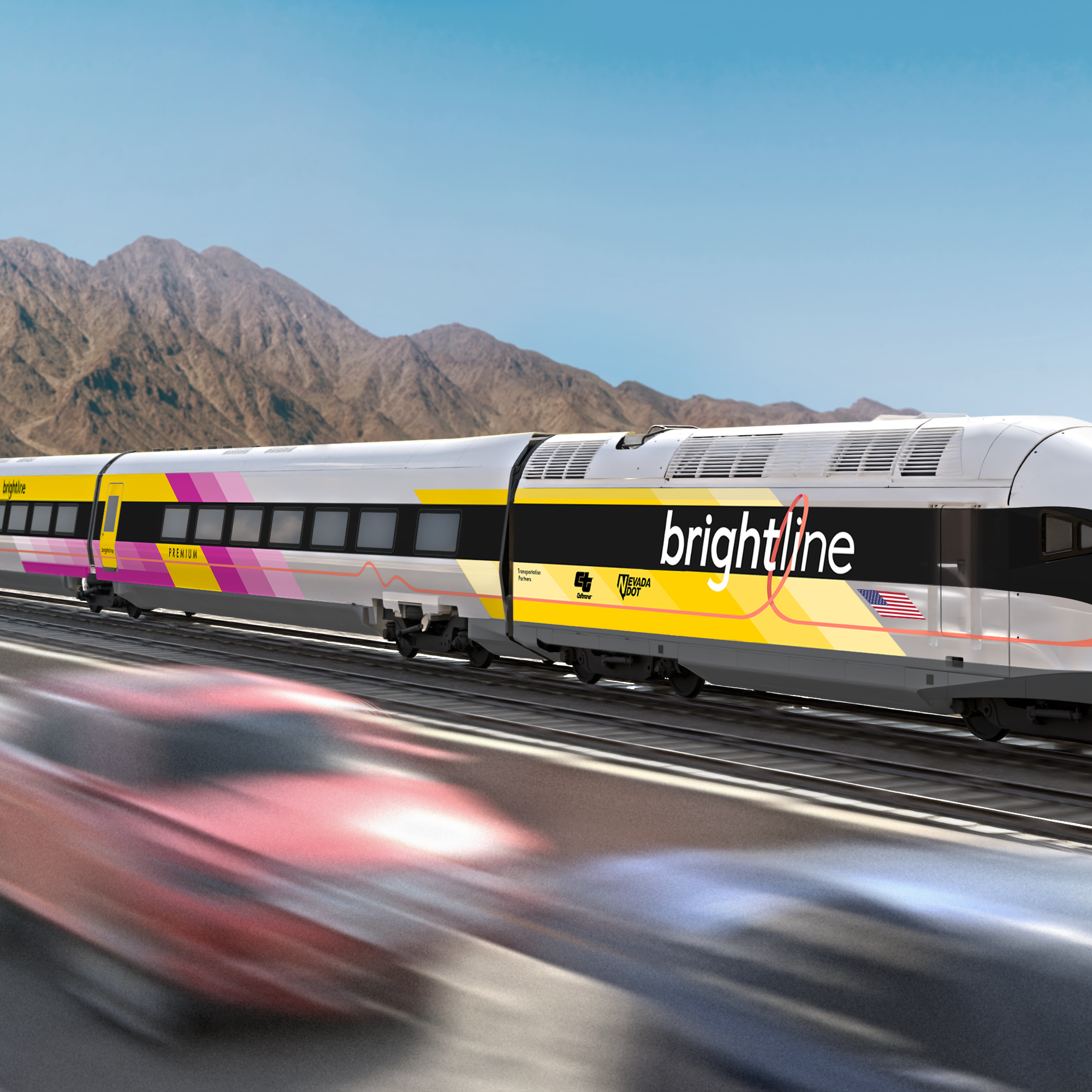 A rendering of the high-speed rail envisioned between Los Angeles and Las Vegas.