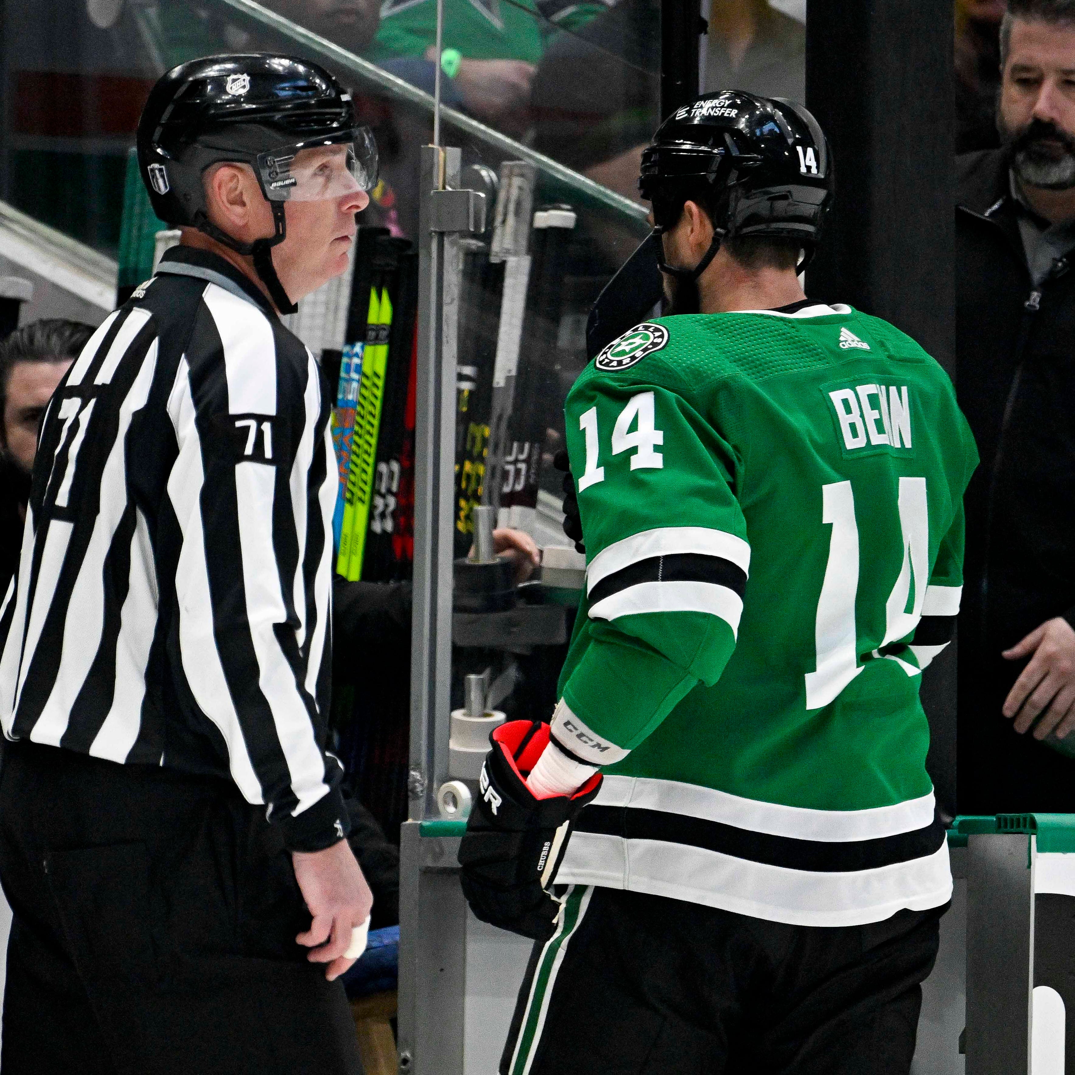 Dallas Stars captain Jamie Benn leaves the ice after receiving a game misconnect for a cross- check on Vegas Golden Knights captain Mark Stone.