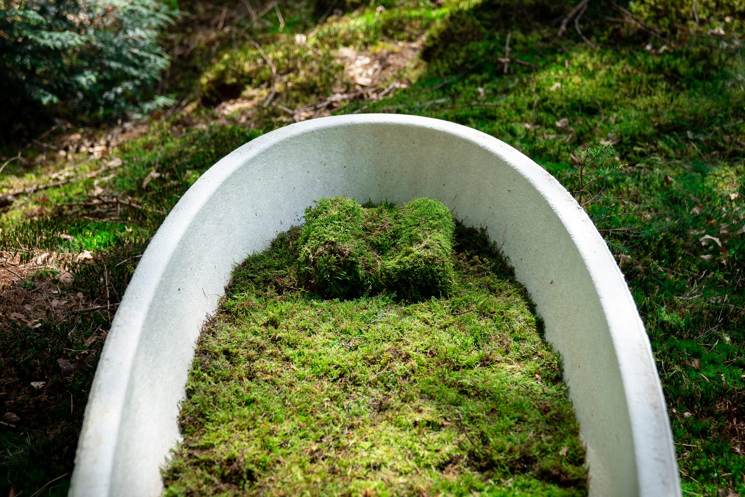 A Living Cocoon coffin made by Dutch startup company Loop Biotech. The coffins are made from biodegradable mushroom and hemp fibers.