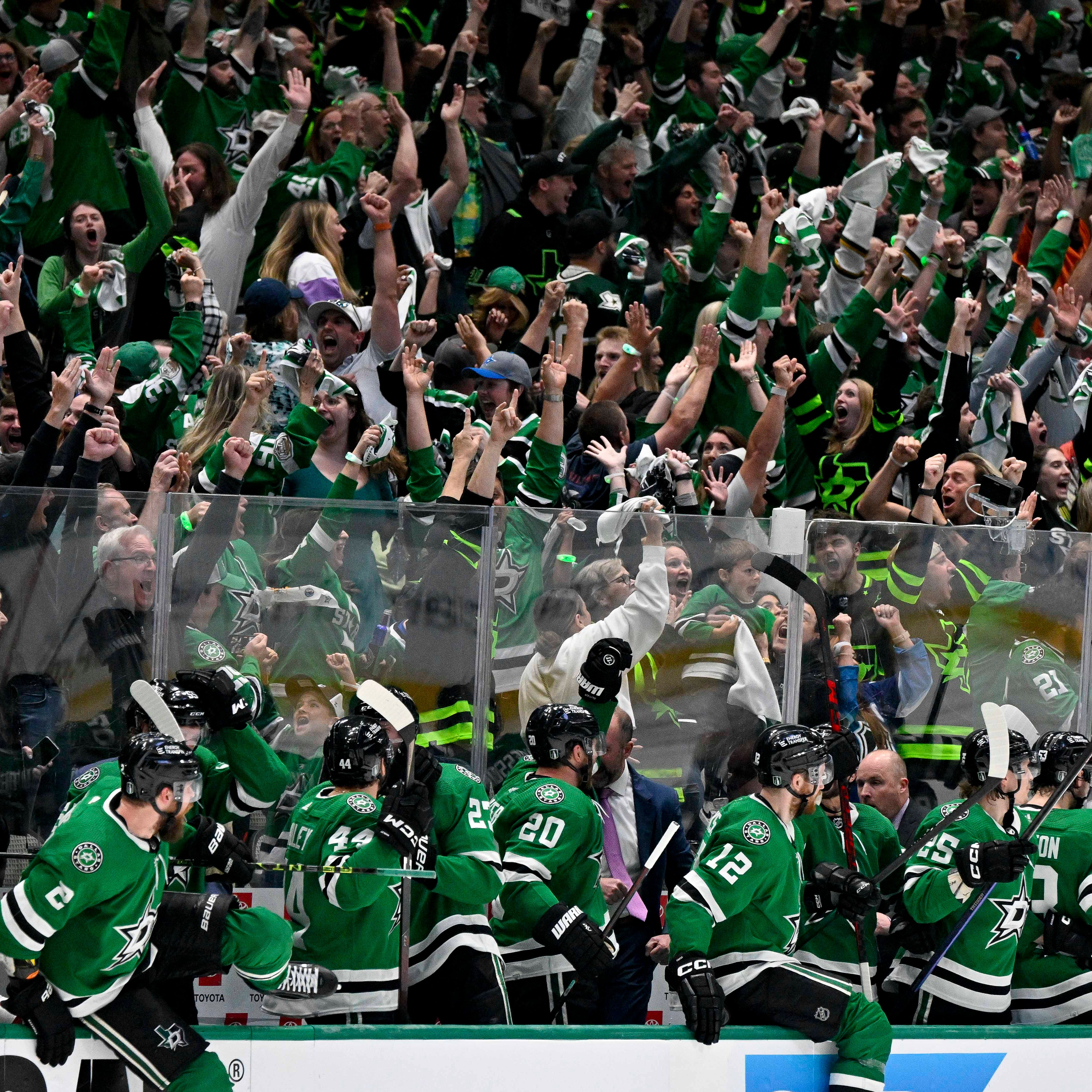 Game 4: The Dallas Stars fans and bench celebrate after center Joe Pavelski scores in overtime to stay alive against the Vegas Golden Knights.