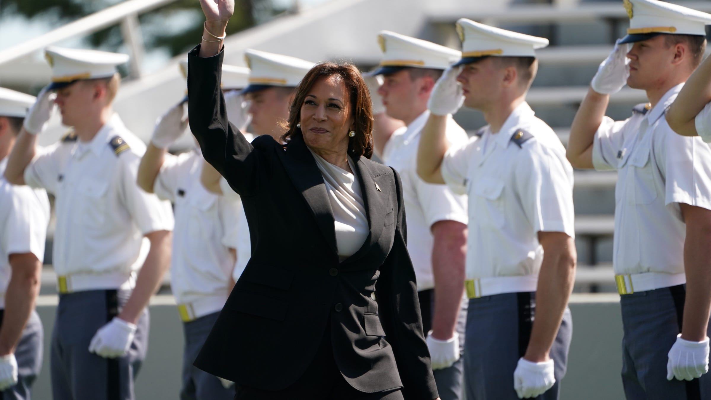 Vice President Kamala Harris enters Michie Stadium for the 2023 Graduation and Commissioning Ceremony on the campus of U.S. Military Academy at West Point on Saturday, May 27, 2023.