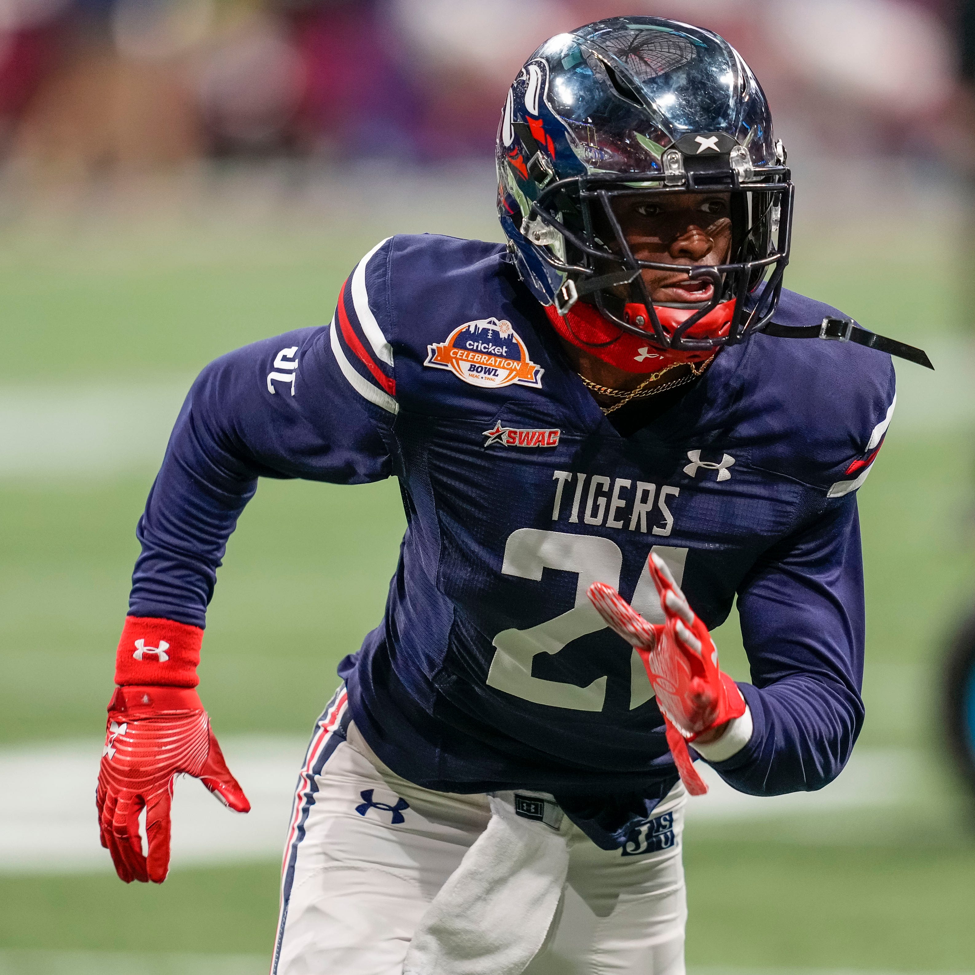 This file photo from Dec. 18, 2021 shows Jackson State defensive back Shilo Sanders warming up prior to a game against South Carolina State at the 2021 Celebration Bowl at Mercedes-Benz Stadium in Atlanta.