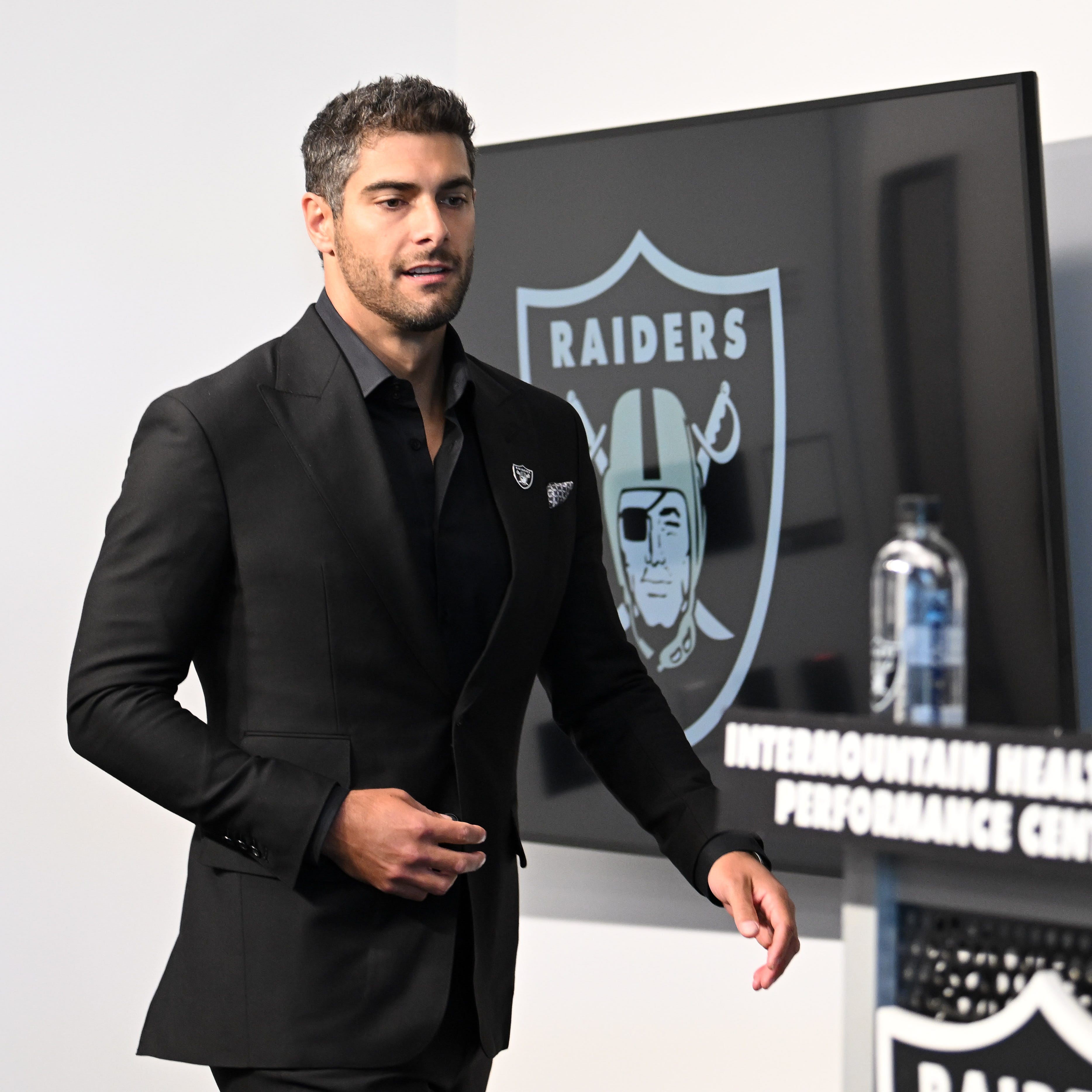 New Las Vegas Raiders quarterback Jimmy Garoppolo speaks to the media at Intermountain Healthcare Performance Center in Henderson, Nevada on March 17, 2023.