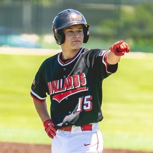 A member of the Henry baseball team stands on first base during a game in the 2023 season. The Mallards advanced to the IHSA Class 1A state finals at Dozer Park in Peoria.