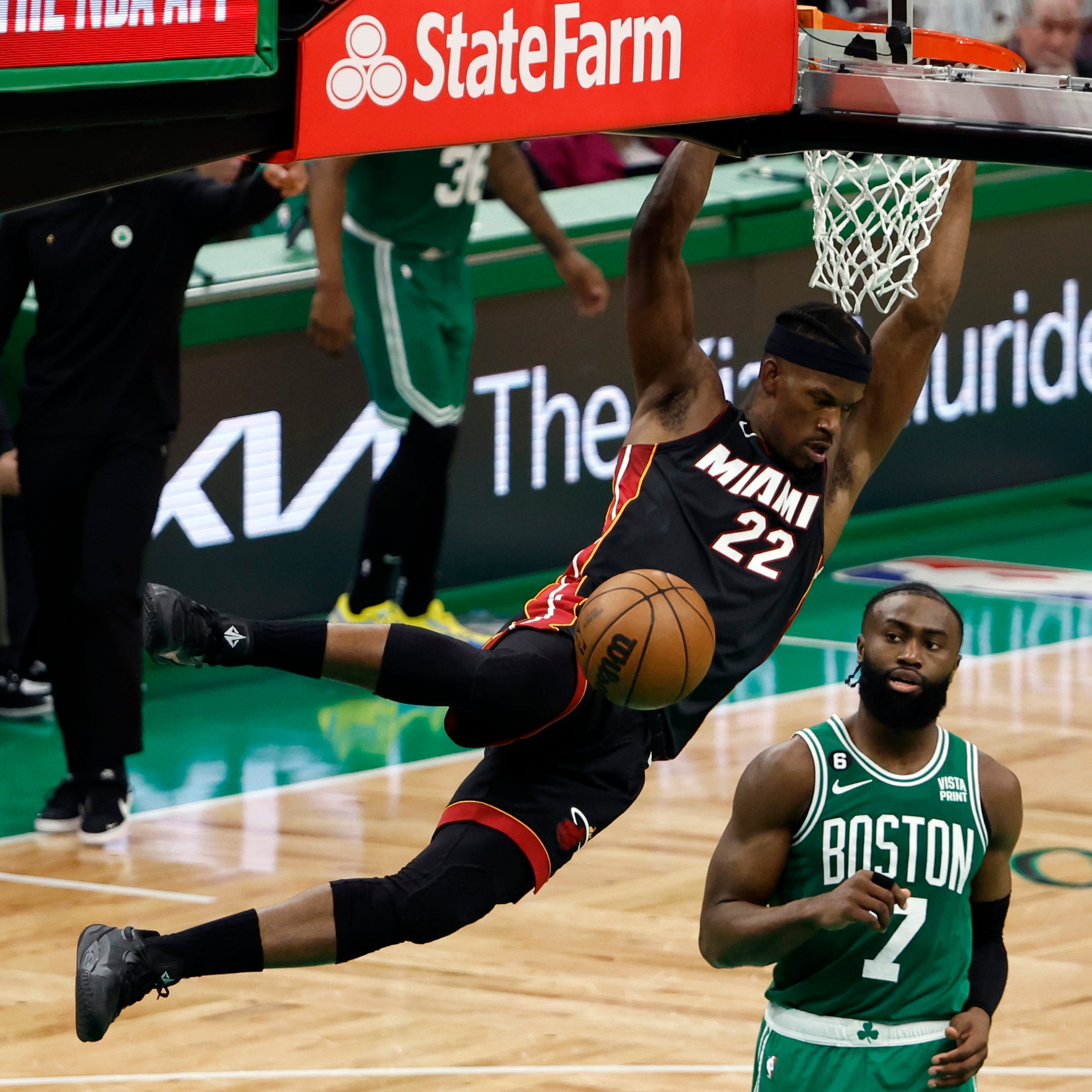 Jimmy Butler dunks against the  Boston Celtics in Game 7 at TD Garden.