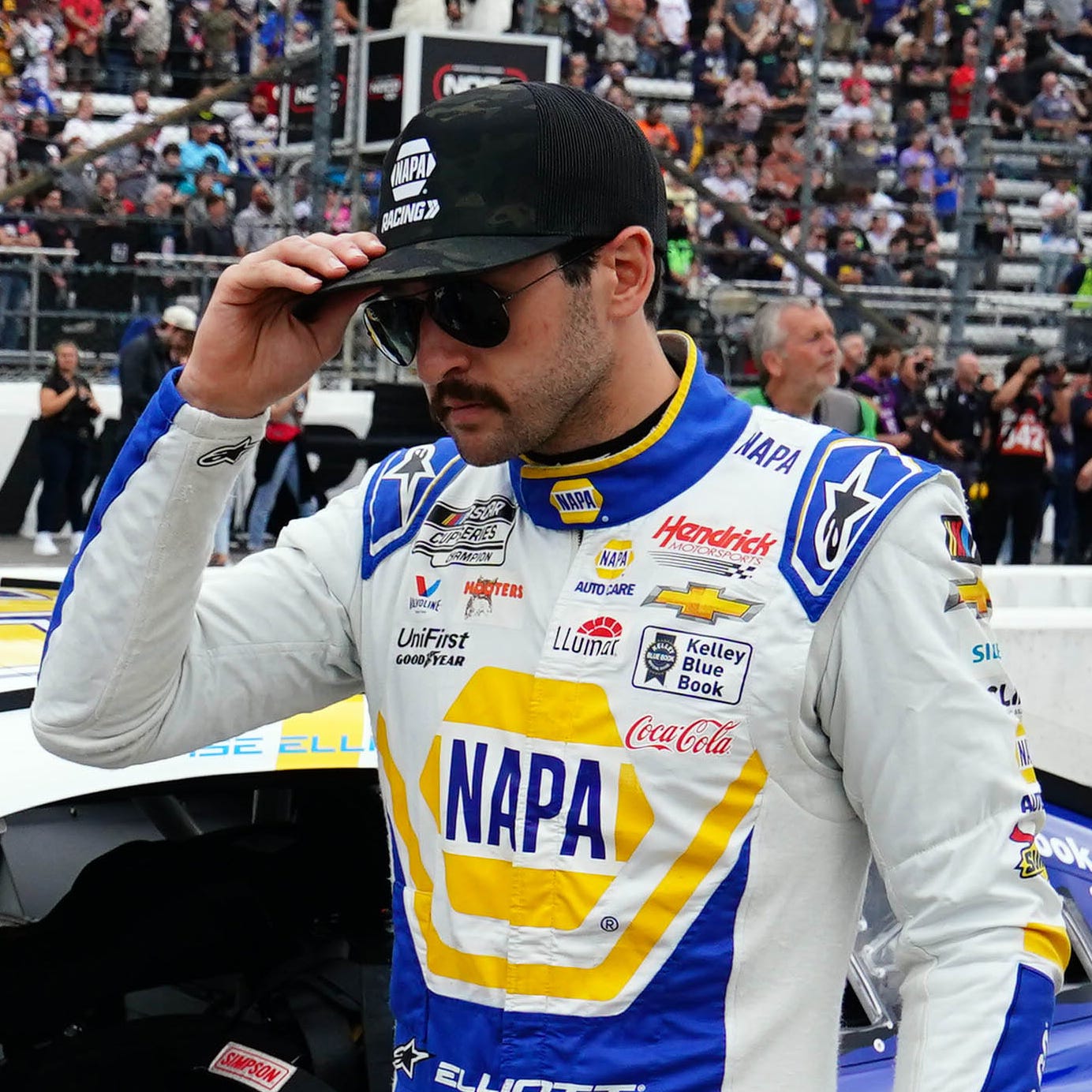 Chase Elliott, shown at Martinsville Speedway on April 16, 2023, was suspended for one race on Tuesday for intentionally wrecking Denny Hamlin in Monday's Coca-Cola 600.