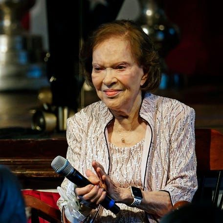 Former President Jimmy Carter and former first lady Rosalynn Carter sit together during a reception to celebrate their 75th wedding anniversary on July 10, 2021, in Plains, Georgia. The Carter family shared news that Rosalynn Carter has dementia, The Carter Center announced Tuesday, May 30, 2023.