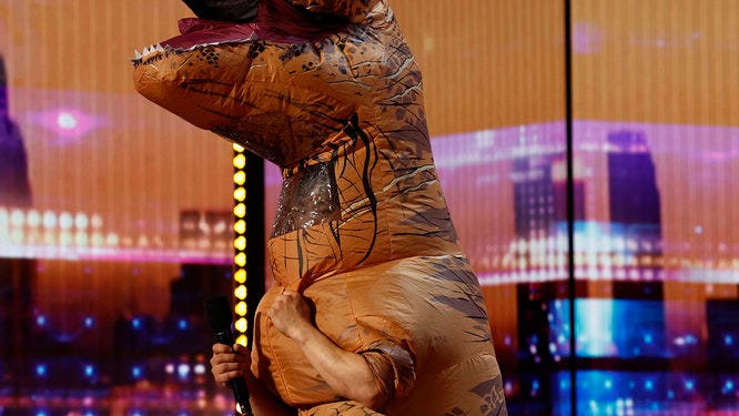 Decked out in a full-body dinosaur costume, dancer Trex Flips kicked off the 18th season of "AGT" Tuesday night.