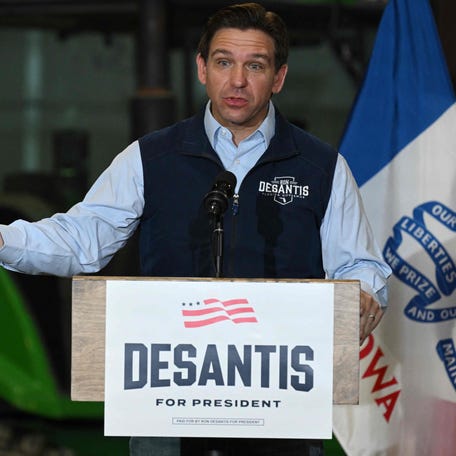 Florida Governor and 2024 Presidential hopeful Ron DeSantis speaks during for a campaign event at Port Neal Welding Company in Salix, Iowa, on May 31, 2023. The event, part of "Our Great American Comeback Tour," is a four-day tour through twelve cities in Iowa, New Hampshire, and South Carolina.