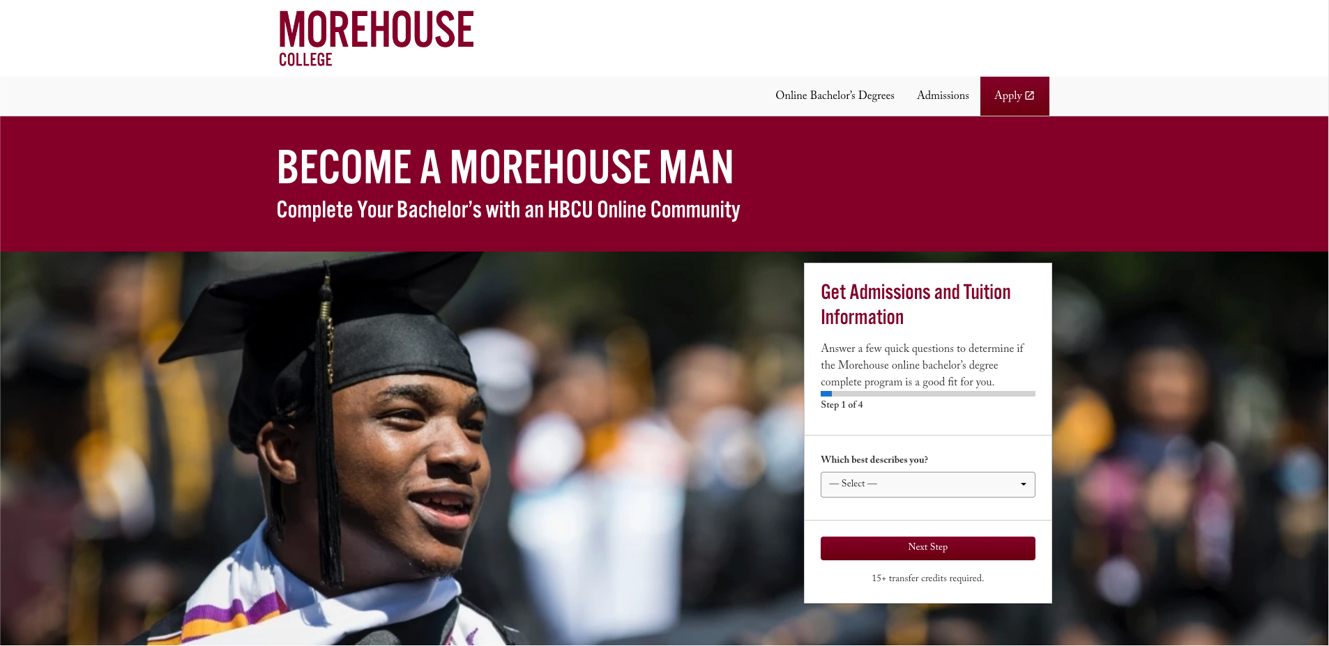 The online landing page for Morehouse Online, shown here, attracts prospective students with the promise of becoming a "Morehouse Man."