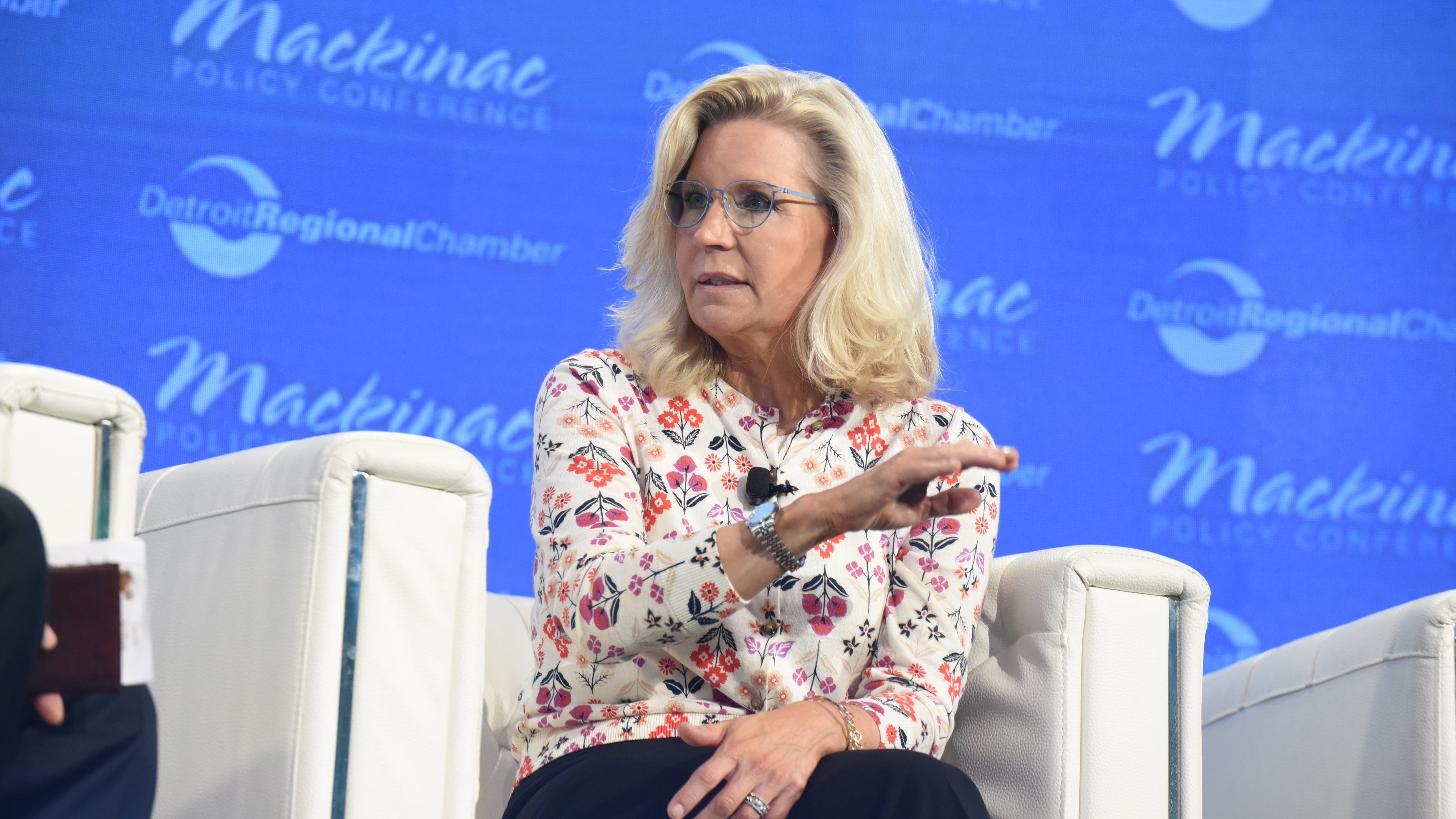 Former U.S. Rep. Liz Cheney speaks at the Mackinac Policy Conference on Mackinac Island, Michigan.