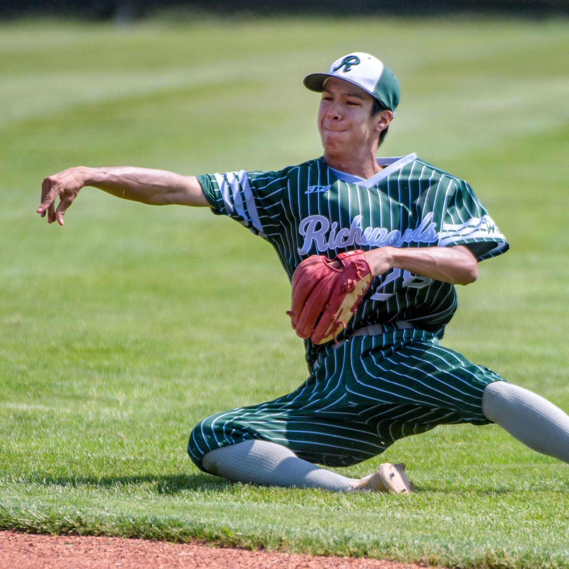 Richwoods second baseman Zach Gilbert makes an off-balance throw for an out after fielding a Rock Island grounder in the second inning of the Class 3A baseball sectional title game Saturday, June 3, 2023 in Metamora. The Knights fells to the Rocks 8-5.