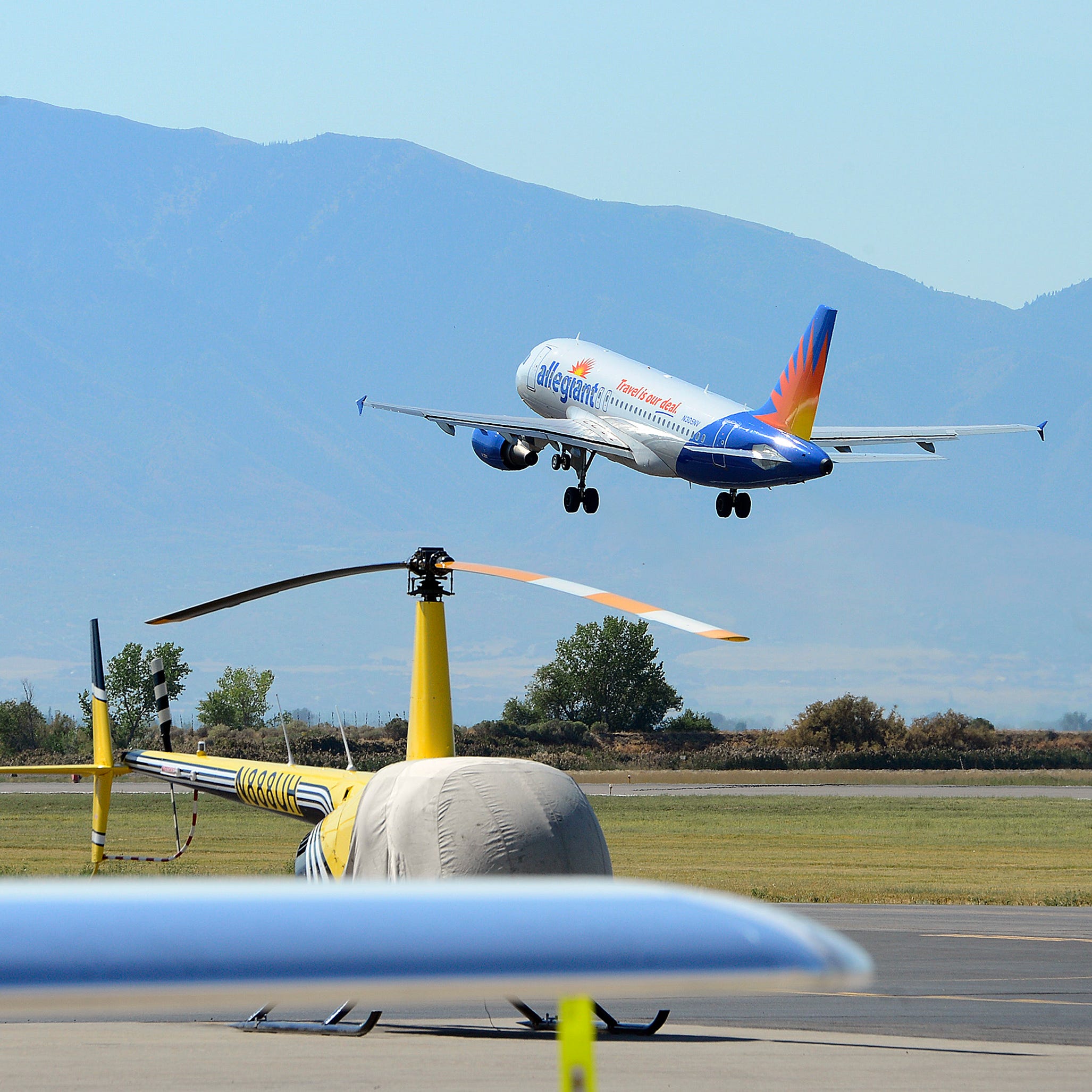 An Allegiant Air flight takes off from the Provo Airport in Provo, Utah on Aug. 31, 2016. (Scott Sommerdorf/The Salt Lake Tribune via AP)