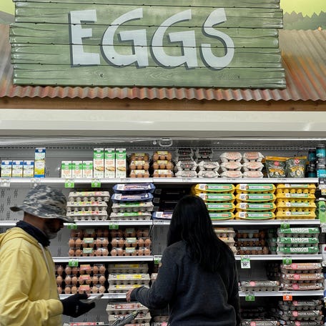 SAN RAFAEL, CALIFORNIA - APRIL 12: Customers shop for eggs at a Sprouts grocery store on April 12, 2023 in San Rafael, California. According to a report by the Bureau of Labor Statistics, inflation in March slowed to its lowest rate in nearly two years with prices rising 5 percent, down from 6 percent in February.