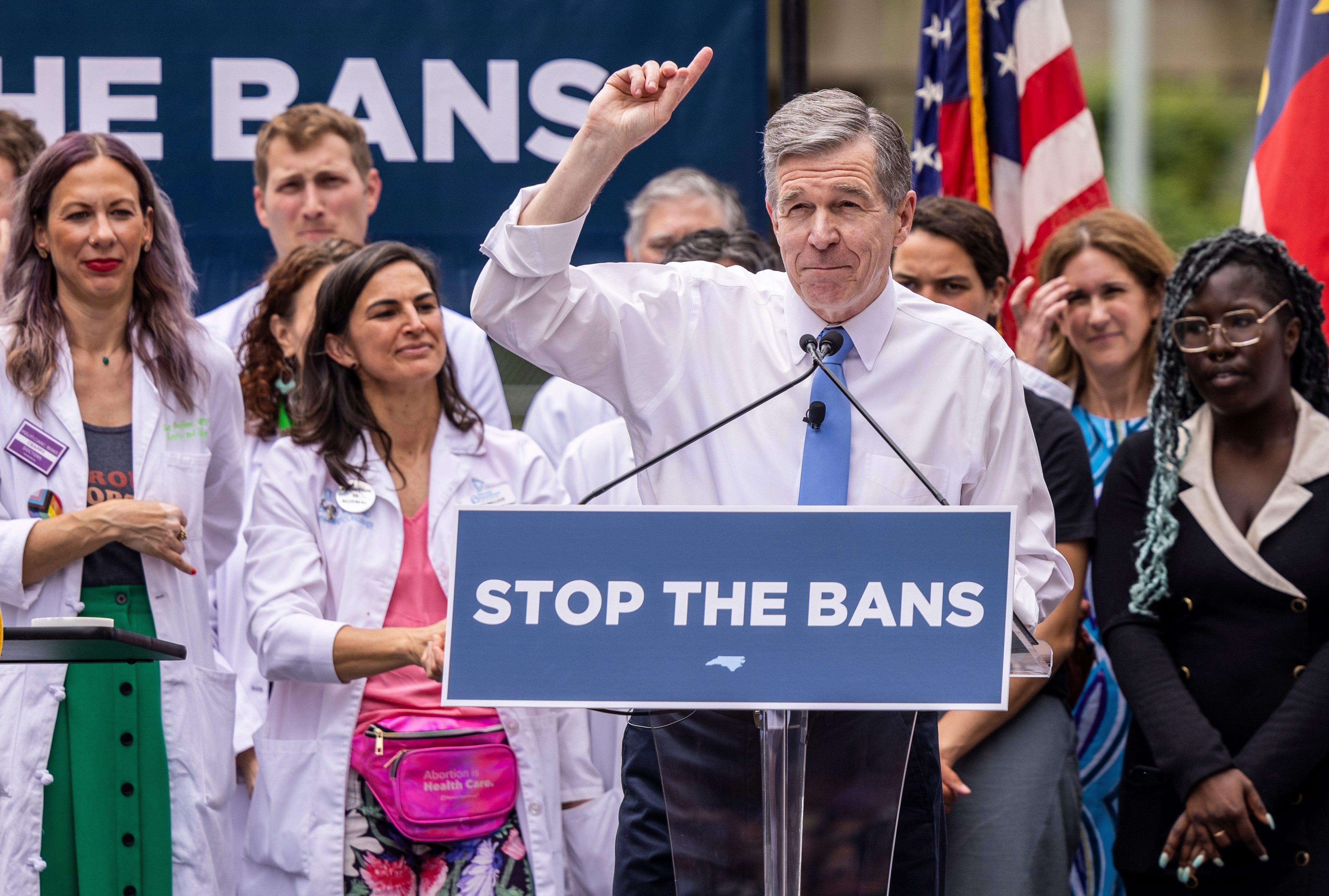 Gov. Roy Cooper prepares to veto an abortion ban bill before hundreds of supporters on Bicentennial Mall on May 19, 2023 in Raleigh, North Carolina.