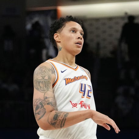 Phoenix Mercury center Brittney Griner during the first half of a WNBA basketball basketball game against the Dallas Wings in Arlington, Texas, Friday, June 9, 2023.