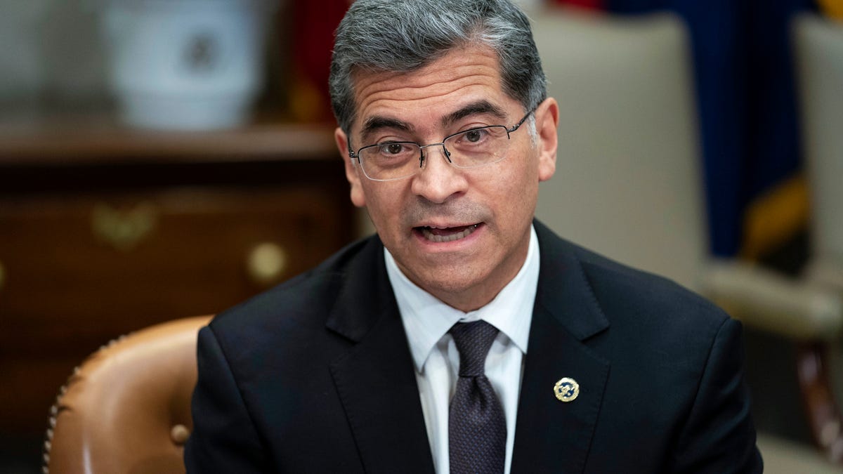 Health and Human Services Secretary Xavier Becerra speaks during a meeting with a task force on reproductive health care access in the Roosevelt Room of the White House