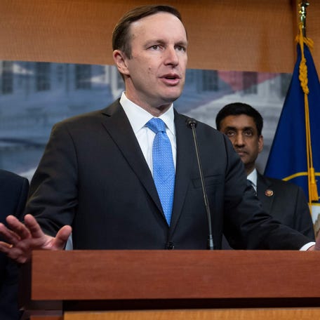 In this file photo taken on April 04, 2019 US Senator Chris Murphy (2nd L), Democrat from Connecticut, speaks alongside US Senator Bernie Sanders (L), an Independent from Vermont, US Representative Ro Khanna (2nd R), Democrat of California, and US Representative Jim McGovern (R), Democrat of Massachusetts, during a press conference following a vote in the US House on ending US military involvement in the war in Yemen, on Capitol Hill in Washington, DC.