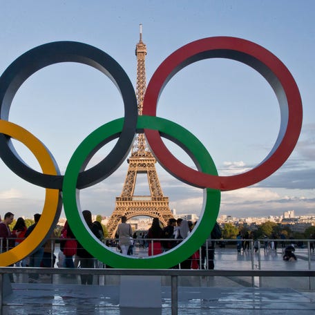 The Olympic rings are set up in Paris, France, on Sept. 14, 2017 at Trocadero plaza that overlooks the Eiffel Tower.