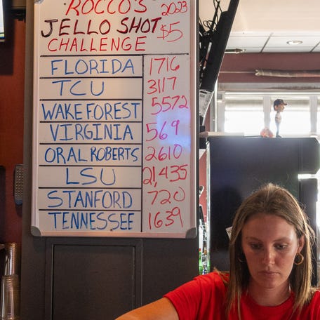 Current jello shot count at Rocco's bar before the game between the Oral Roberts Golden Eagles and the TCU Horned Frogs at Charles Schwab Field Omaha.