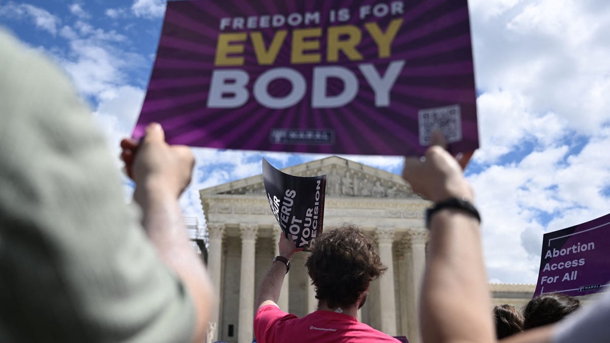 Demonstrators rally in support of abortion rights at the Supreme Court on April 15, 2023.