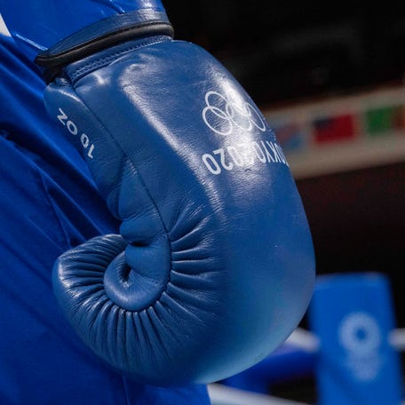 Detail of the glove of Duke Ragan (USA) in the men's feather boxing competition during the Tokyo 2020 Olympic Summer Games.