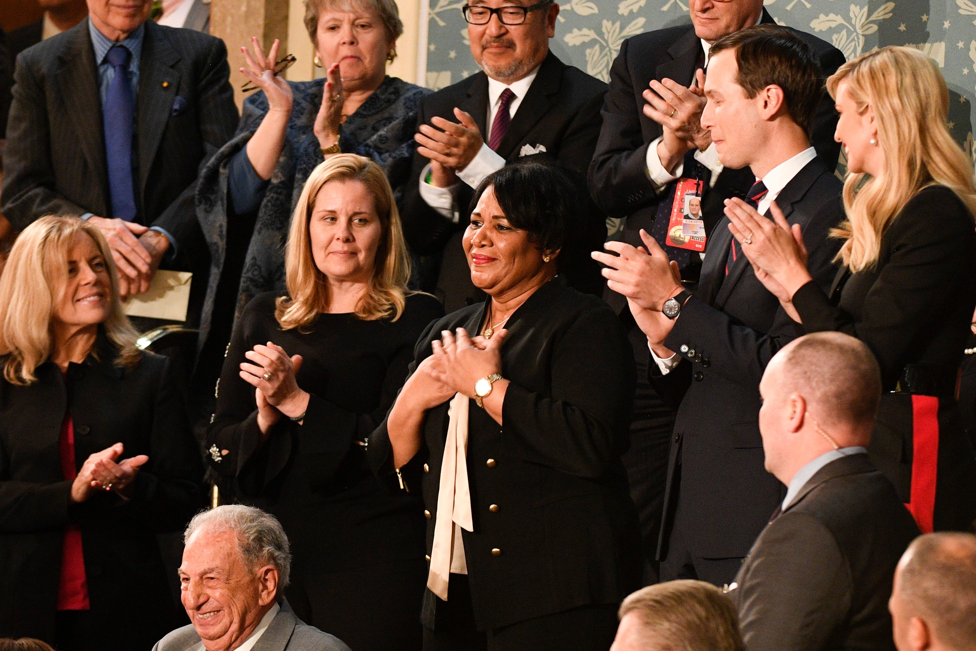 Feb 5, 2019; Washington, DC, USA;   Alice Johnson is recognized by President Donald Trump as he delivers the State of the Union address from the House chamber of the United States Capitol in Washington.  Mandatory Credit: Jarrad Henderson-USA TODAY NETWORK (Via OlyDrop)