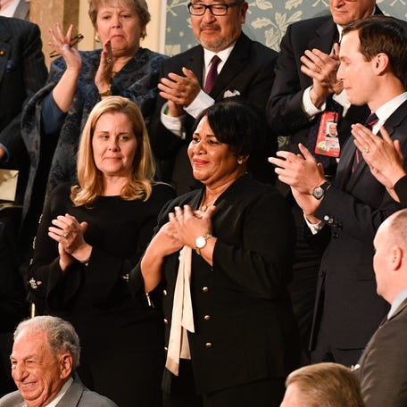 Feb 5, 2019; Washington, DC, USA;   Alice Johnson is recognized by President Donald Trump as he delivers the State of the Union address from the House chamber of the United States Capitol in Washington.  Mandatory Credit: Jarrad Henderson-USA TODAY NETWORK (Via OlyDrop)